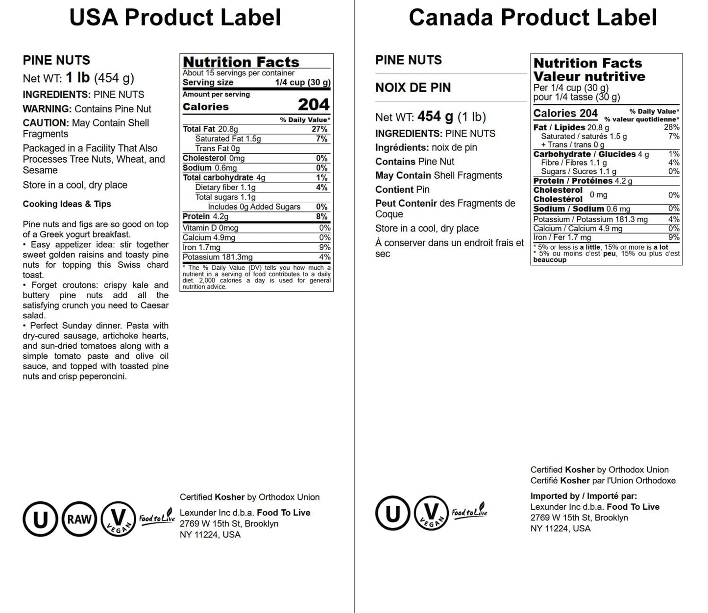 Food to Live Pine Nuts, Whole Raw Pignolias, Unsalted, Kosher, 1 Pound