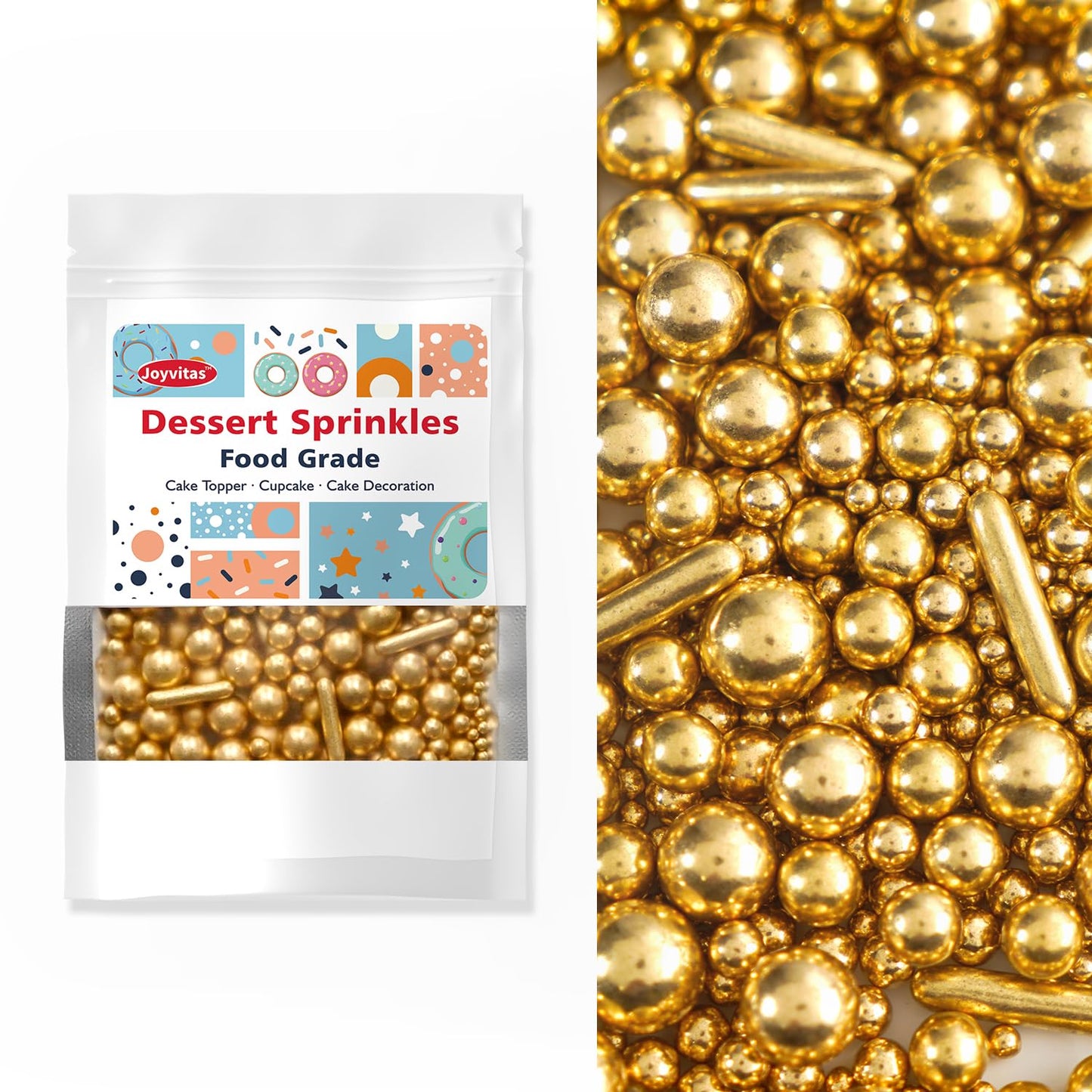 Joyvitas Gold Pearl Rods Sprinkles, Edible Dessert Decorations, 150g, Perfect for Cakes, Donuts, Cupcakes, Holiday and Party Supplies