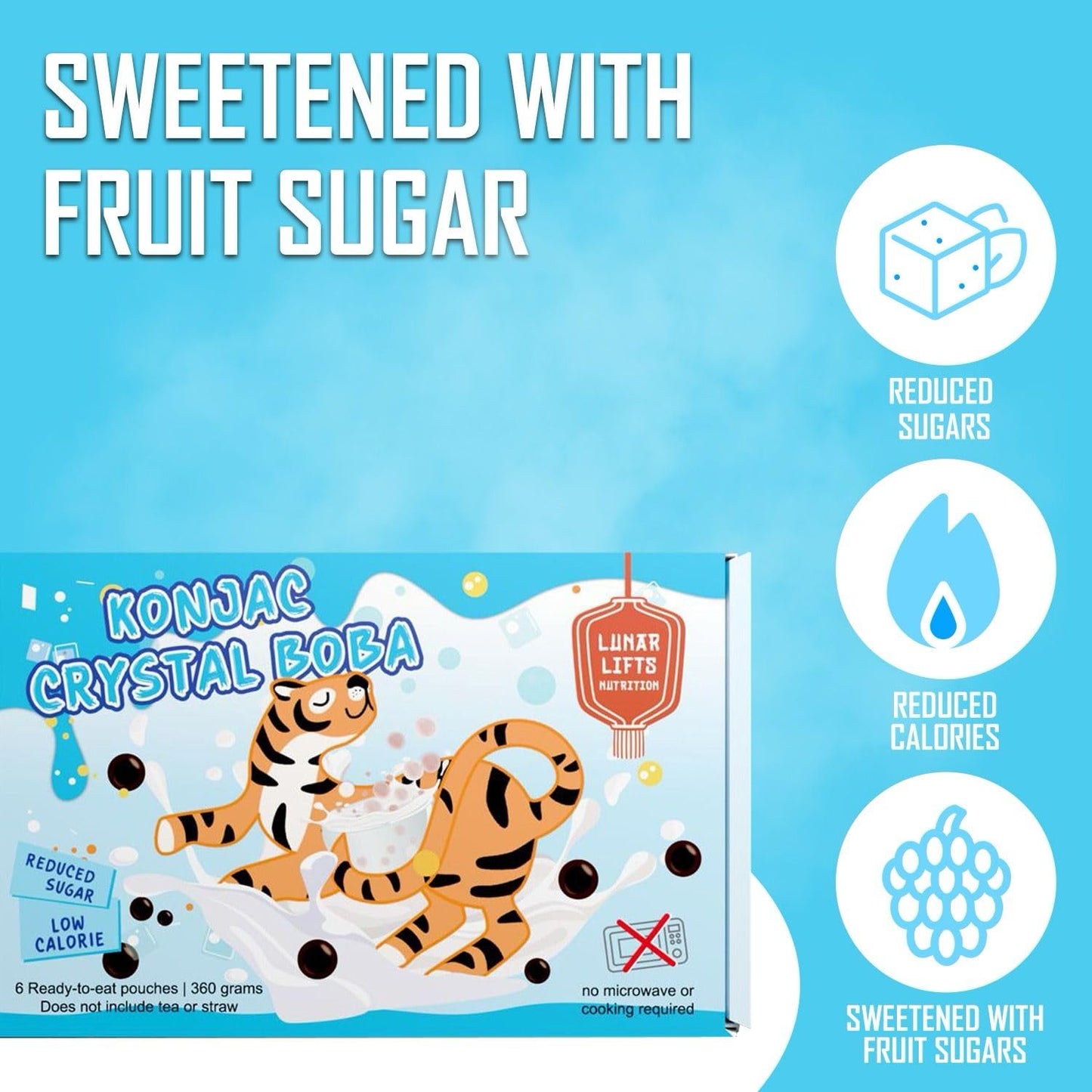 Lunar Lifts Nutrition Konjac Crystal Boba, Vegan Chewy Pearls, Low Calorie, 6 Pouches, 360g