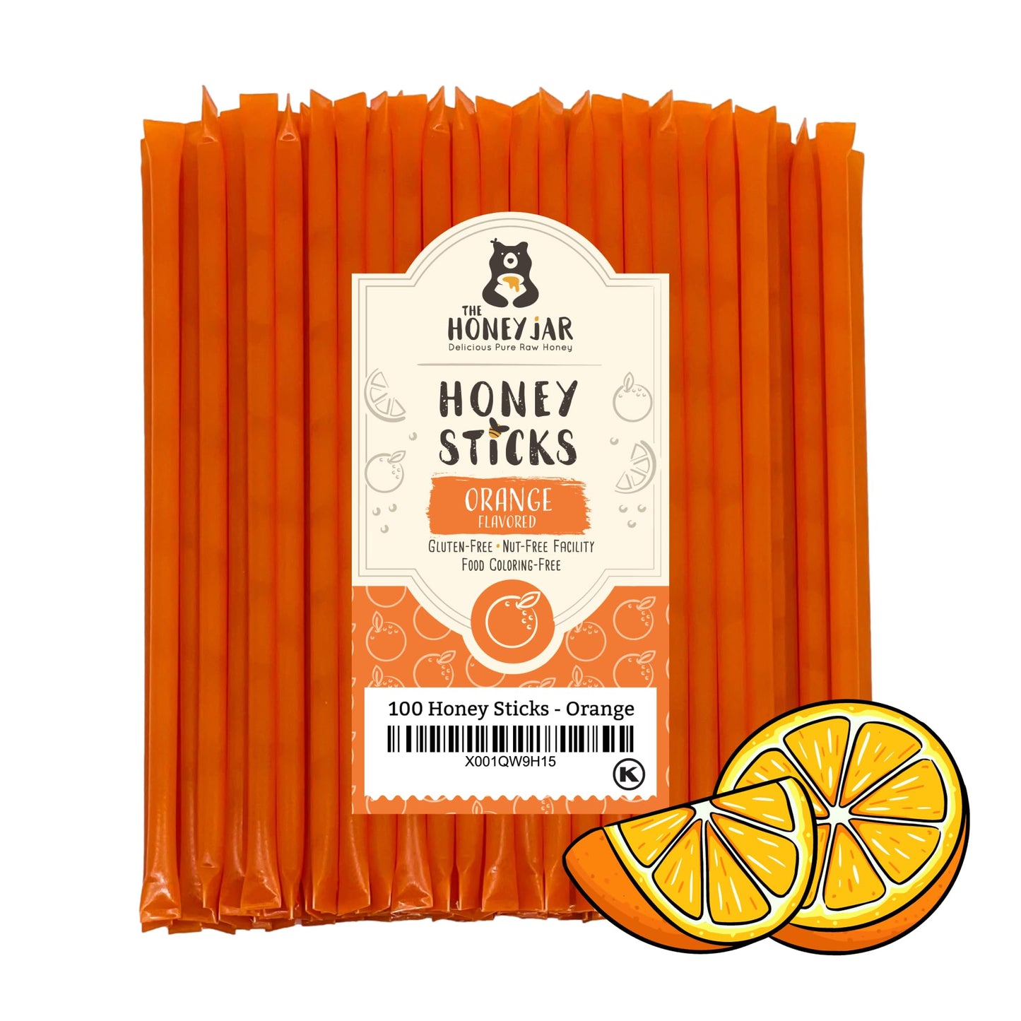 The Honey Jar Orange Flavored Raw Honey Sticks - 100 Count Package - Pure Honey Straws for Tea and Coffee