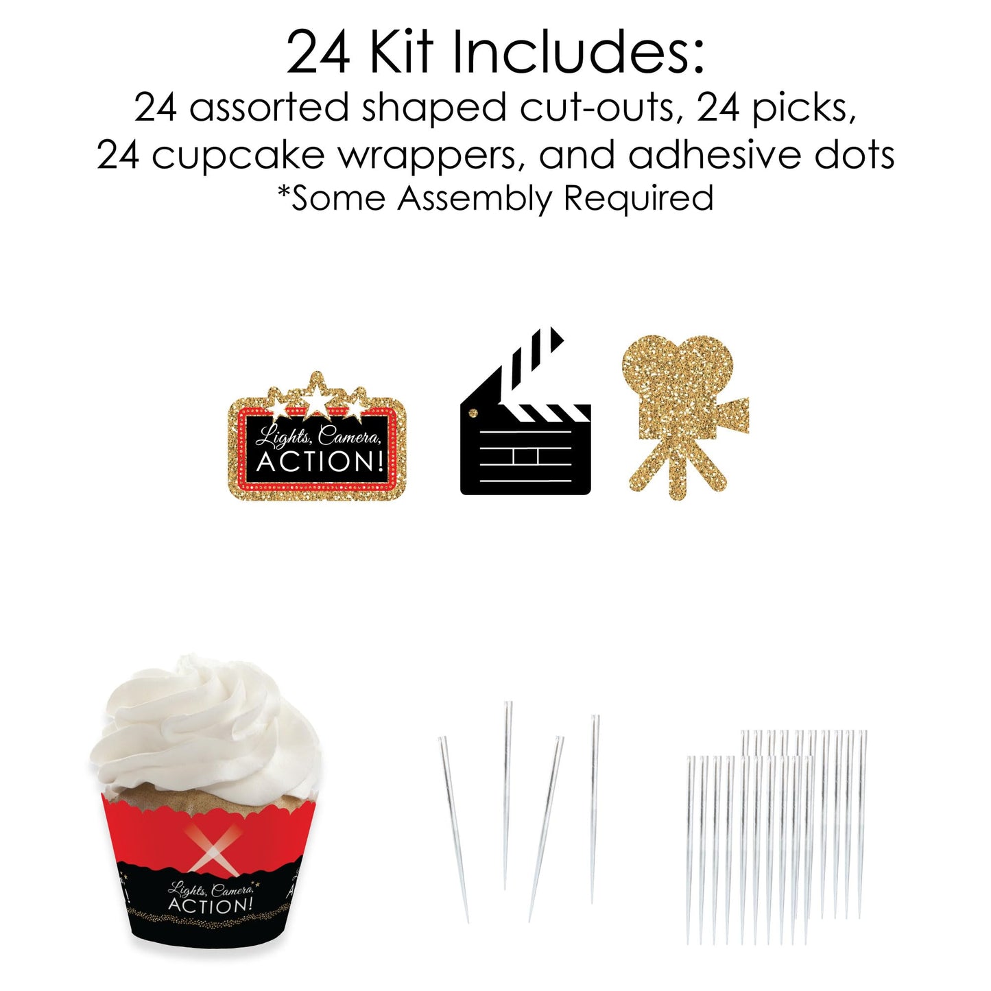 Big Dot of Happiness Cupcake Decorations Kit - Movie Night - Set of 24 - Red, Black, Gold, White - Small - Model BD5651tpk