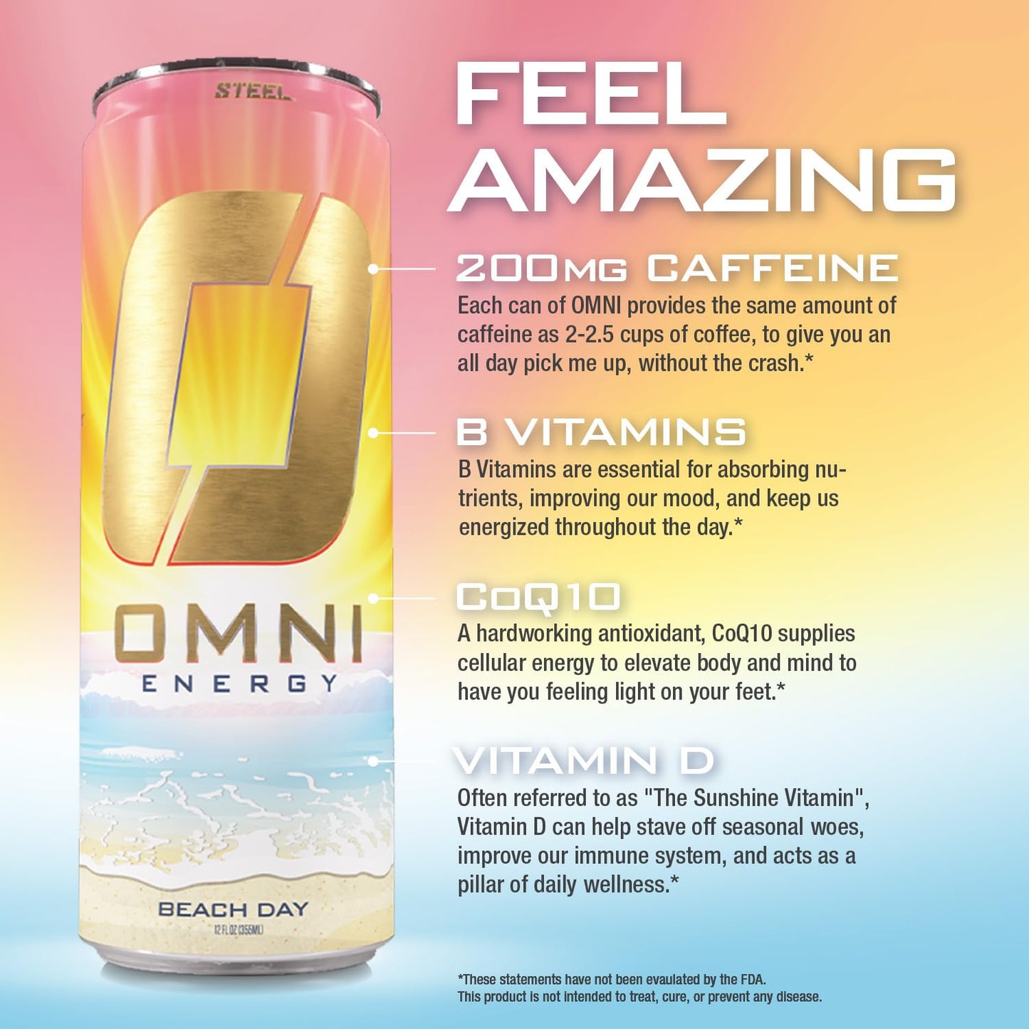 Steel dietary products OMNI Energy Drink, Sugar-Free, Low Calorie, 200mg Caffeine, Pack of 12, 12 Oz Cans