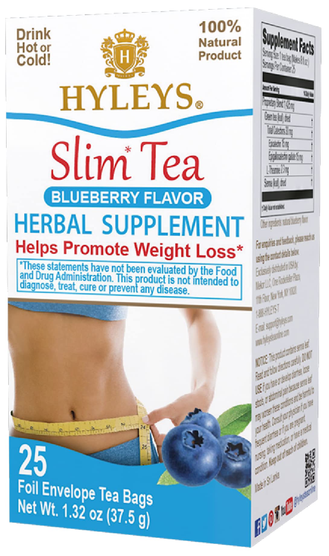 Hyleys Slim Tea Blueberry Flavor - Weight Loss Herbal Supplement Cleanse And Detox - 25 Tea Bags (1 Pack)