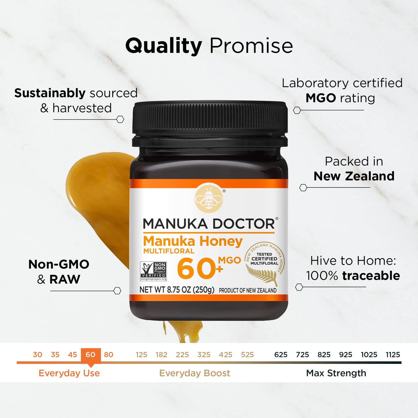 Manuka Doctor MGO 60+ Manuka Honey Multifloral, 100% Pure New Zealand, RAW, Non-GMO, 8.75oz