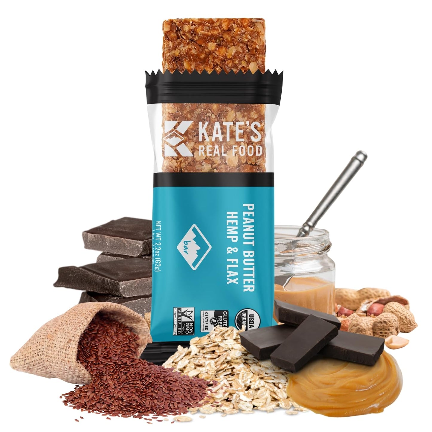 Kates Organic Energy Bars, Non-GMO, Gluten-Free, Peanut Butter Hemp & Flax, 2.2 oz (Pack of 6)