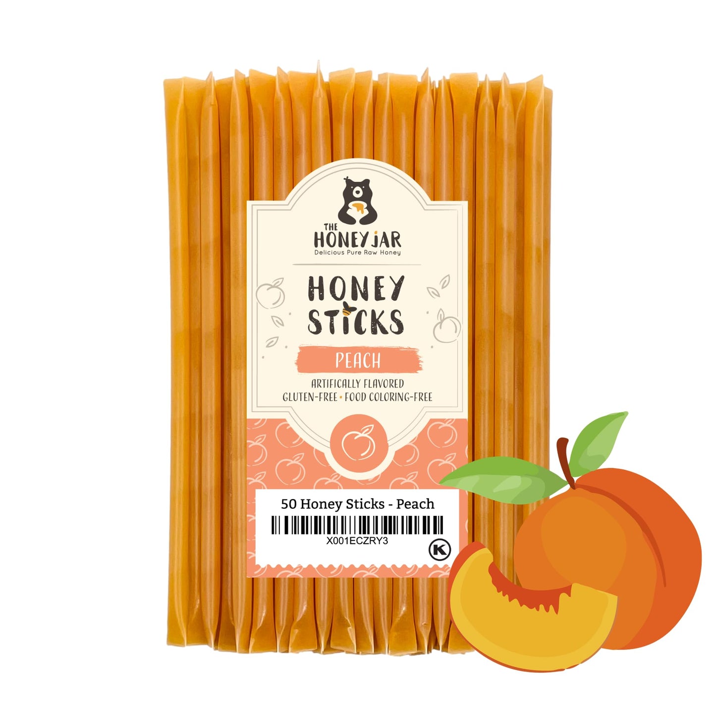 The Honey Jar Peach Flavored Raw Honey Sticks - 50 Count Pack - Pure Honey Straws for Tea and Coffee