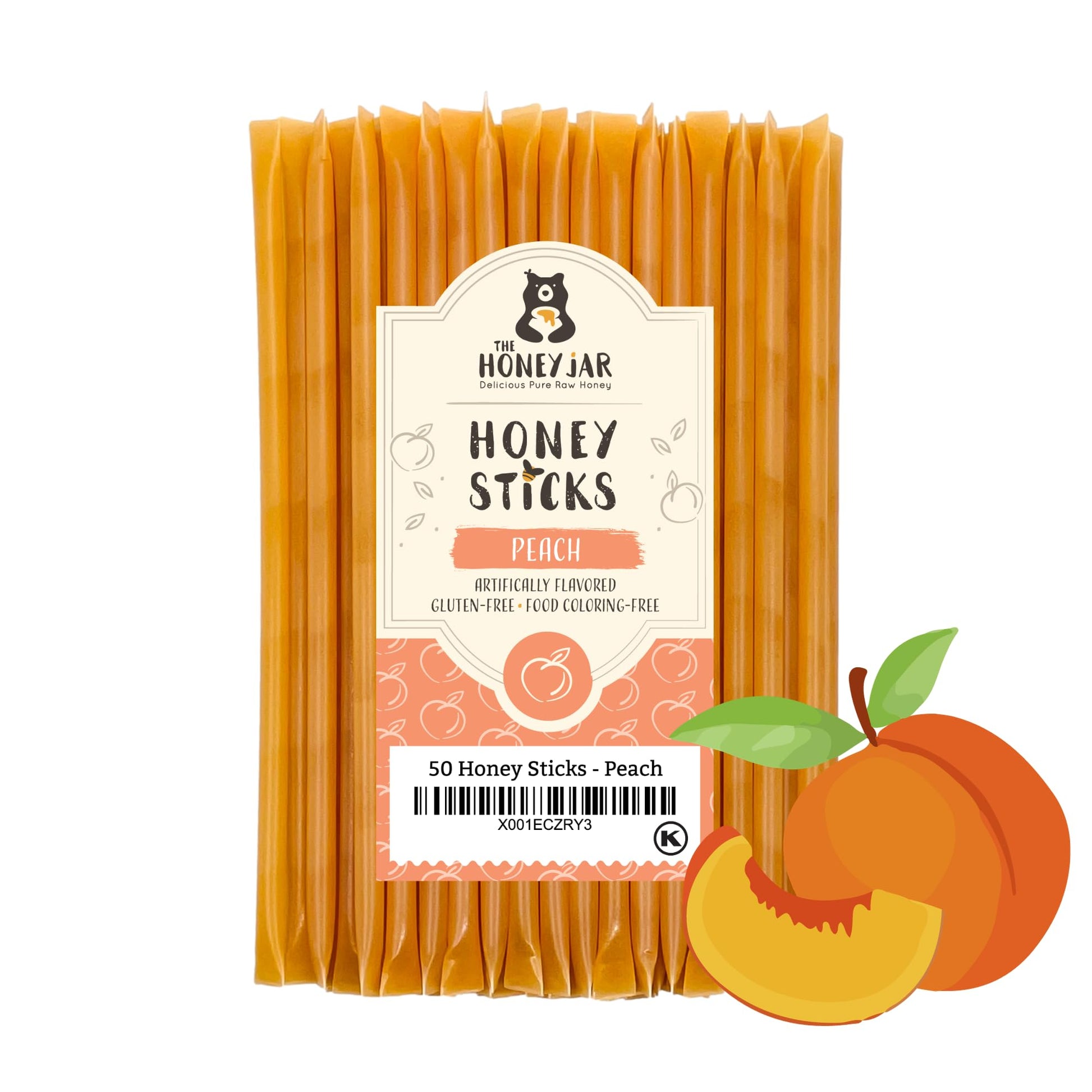 The Honey Jar Peach Flavored Raw Honey Sticks - 50 Count Pack - Pure Honey Straws for Tea and Coffee