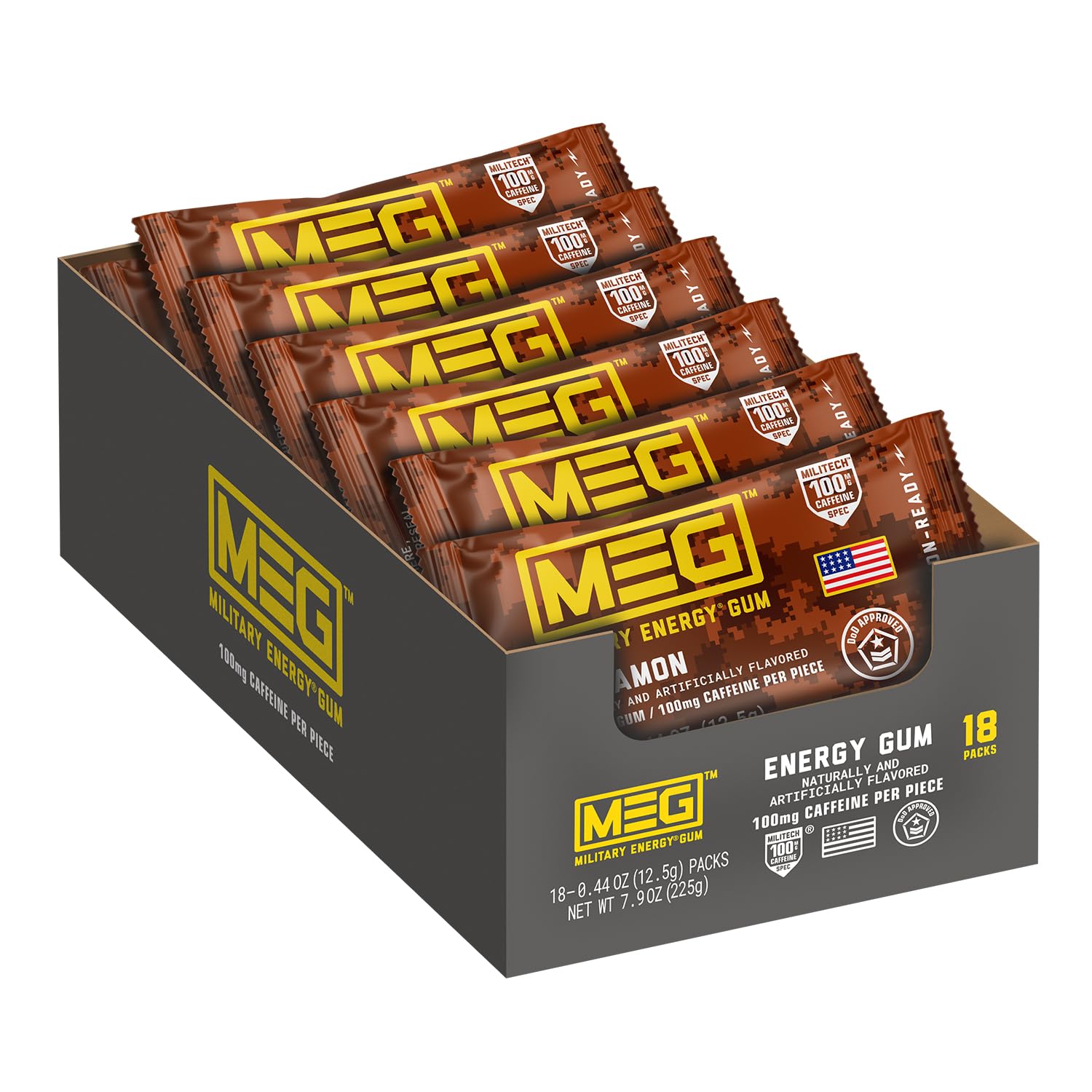 MEG (Military Energy Gum) - Cinnamon | Enhance Your Physical Performance with 100mg of Caffeine Per Piece  Ultimate Boost for Workouts  Alternative to Caffeinated Drinks | Pack of 18