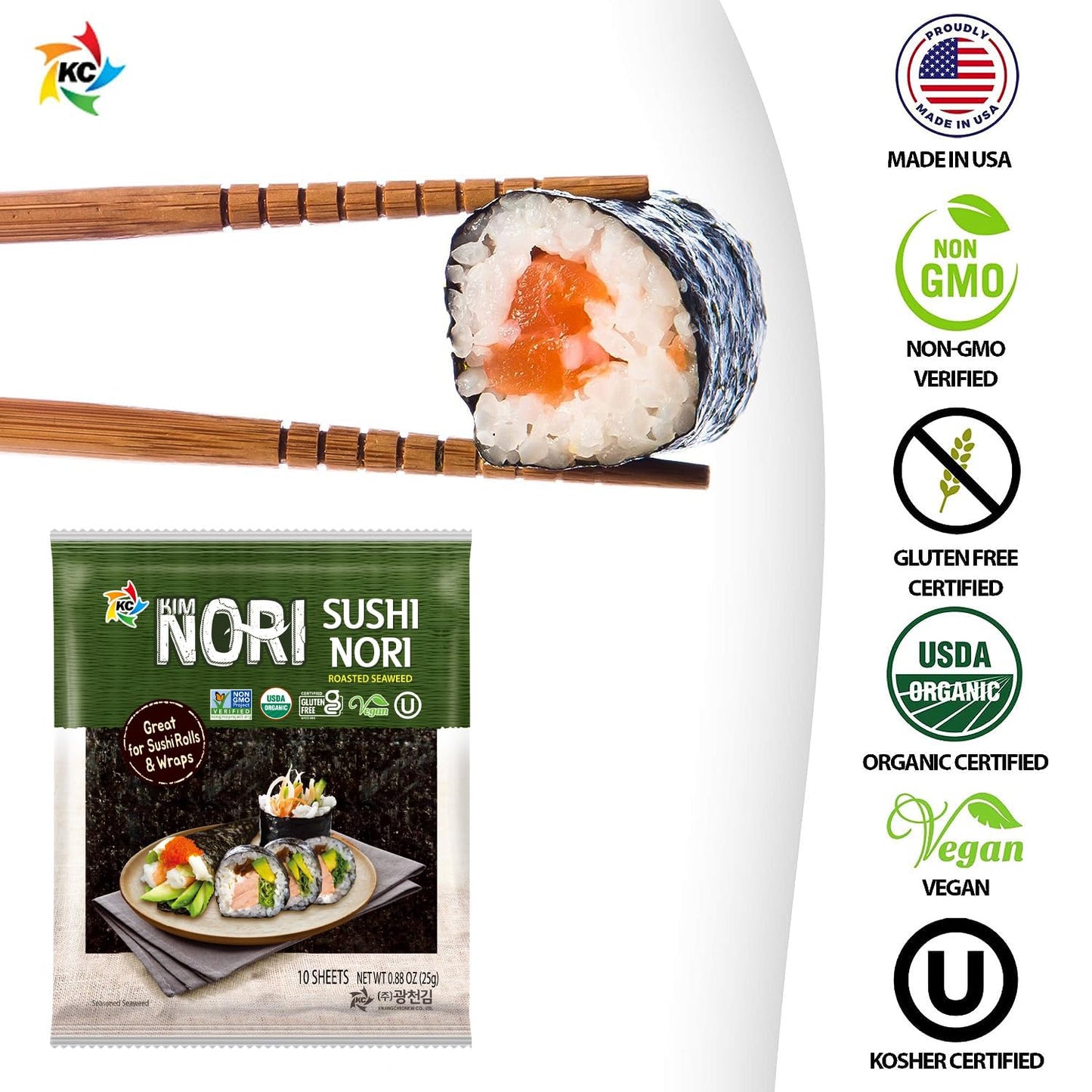 KIMNORI Sushi Nori Sea  Sheets, USDA Organic, 50 Full Size, Gluten Free, Vegan, 10 Count (Pack of 5)