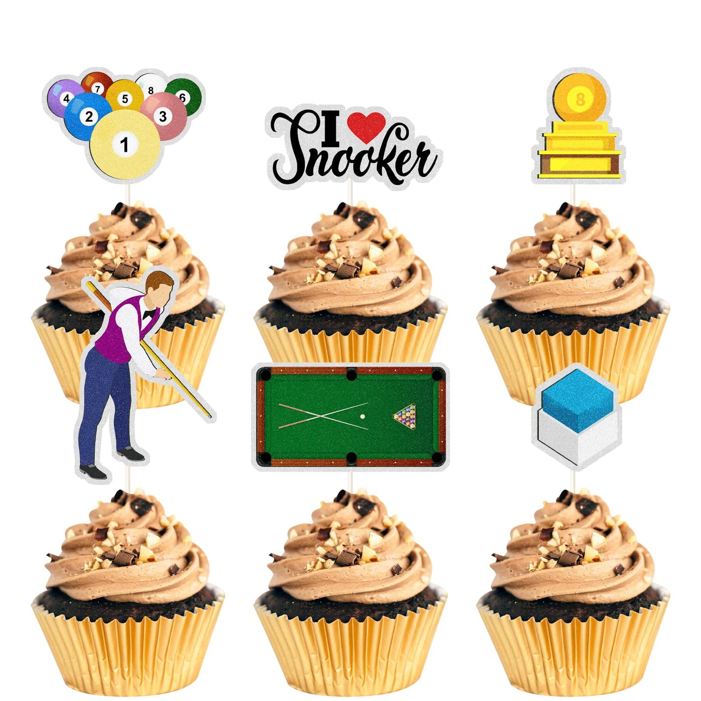 Mefeng Snooker Theme Cupcake Toppers,Billiards,Club,Medals,Table, I Love Snooker Sign, Funny Kit Ball Games Cupcake Toppers, Spo