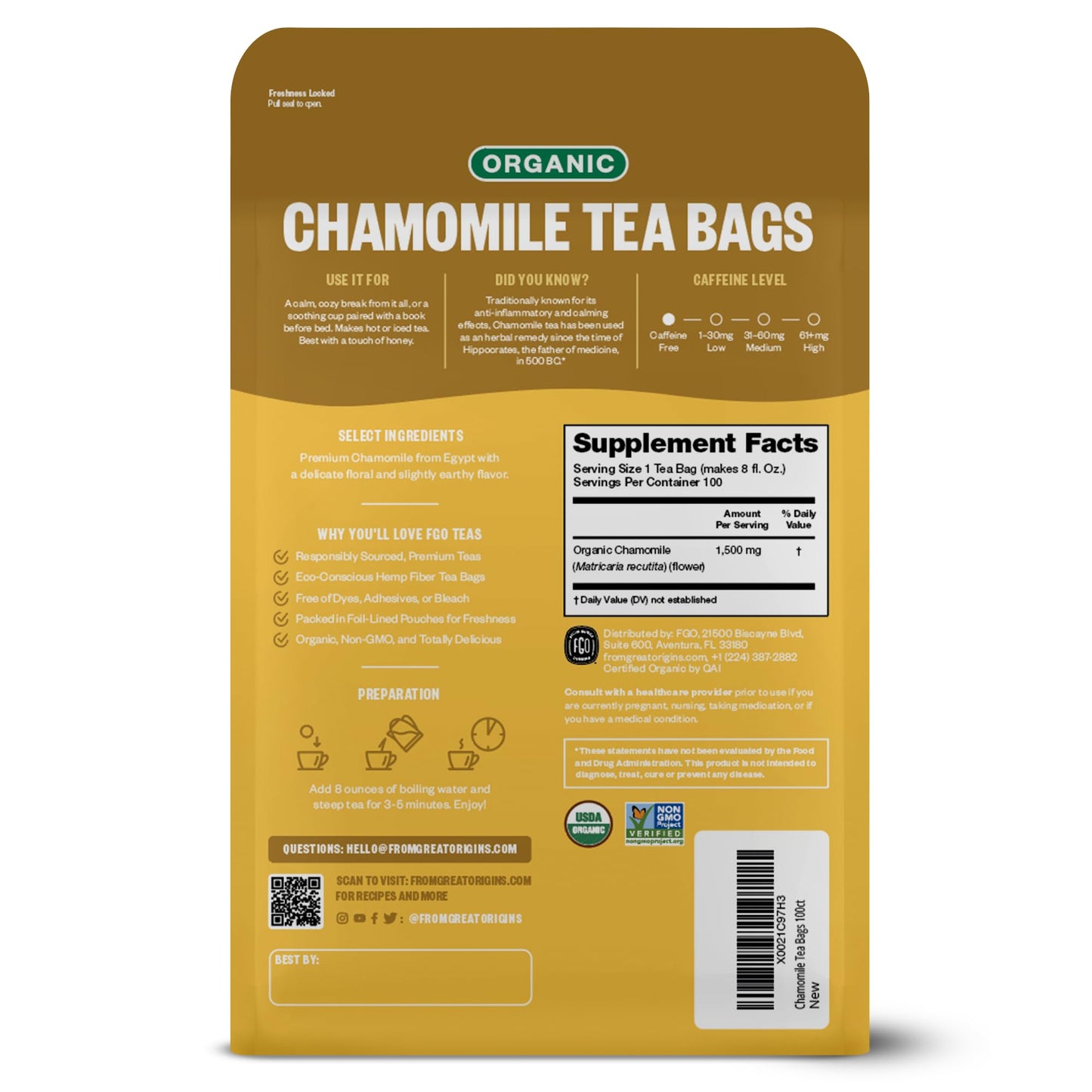 Fgo Organic Chamomile Tea, Eco-Conscious Tea Bags, 100 Count, Packaging May Vary (Pack Of 1)