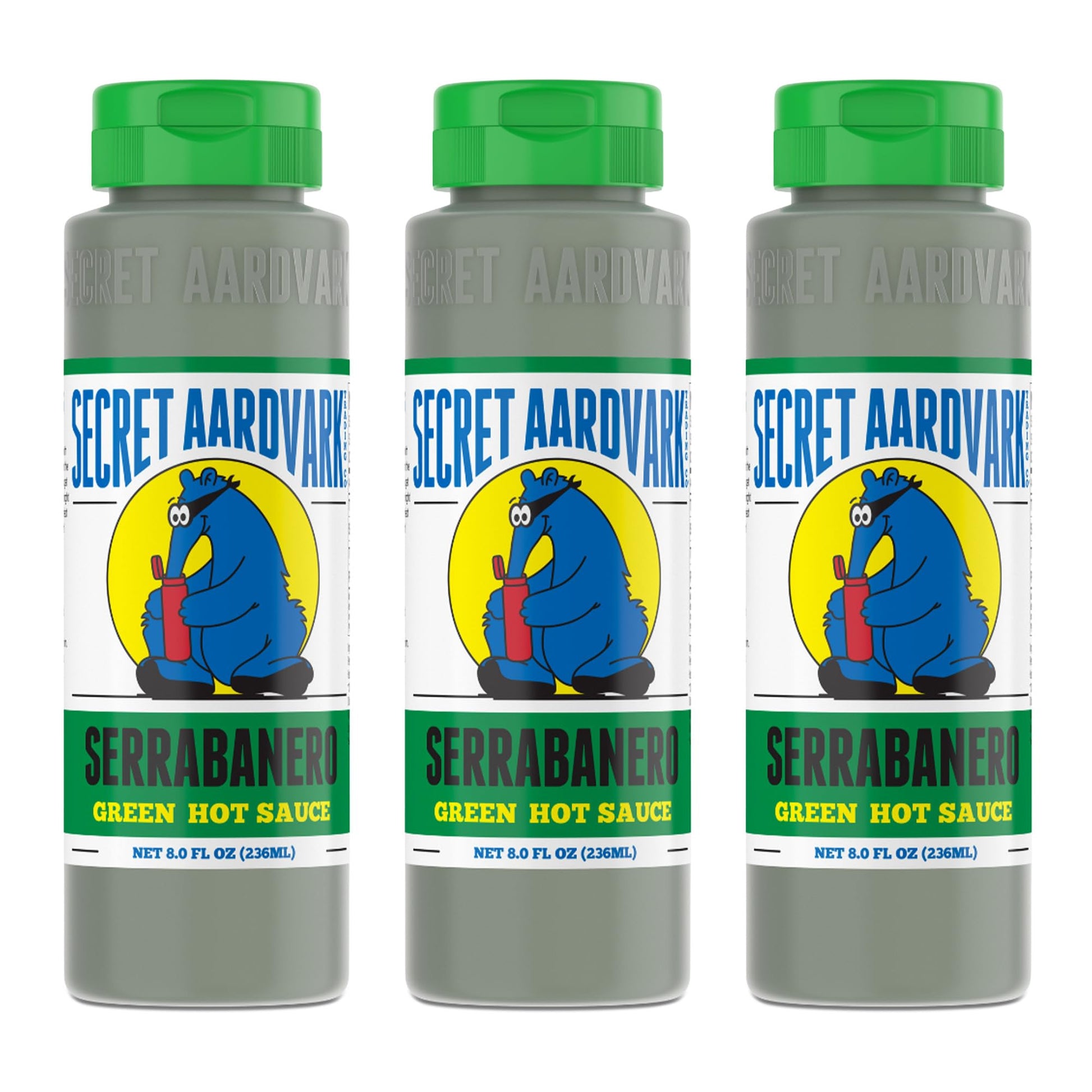 Secret Aardvark Hot Sauce - Serrano & Green Habanero, Non-GMO, Low Carb, 8 Fl Oz (Pack of 3)