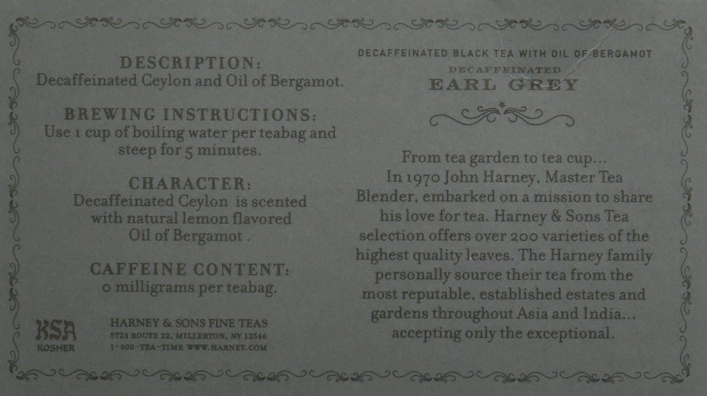 Harney & Sons Fine Teas Decaffeinated With Bergamot, Earl Grey, 50 Count