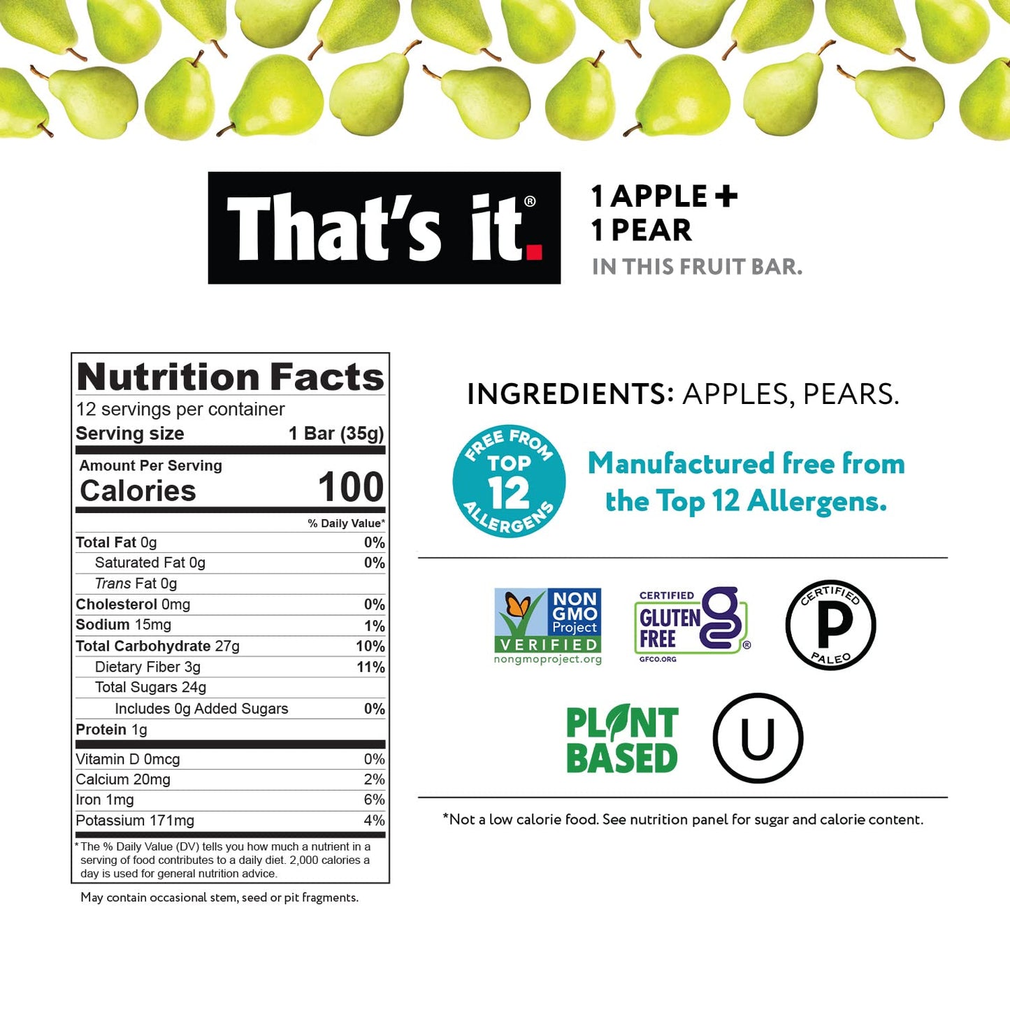 Thats it. Apple + Pear 100% Natural Real Fruit Bar, Best High Fiber Vegan, Gluten Free Healthy Snack, Paleo for Children & Adul