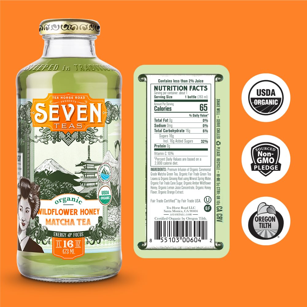 SevenTeas Wildflower Matcha Honey Tea, 16 FL OZ (Pack of 12 Bottles), Organic, Bottled Iced Teas