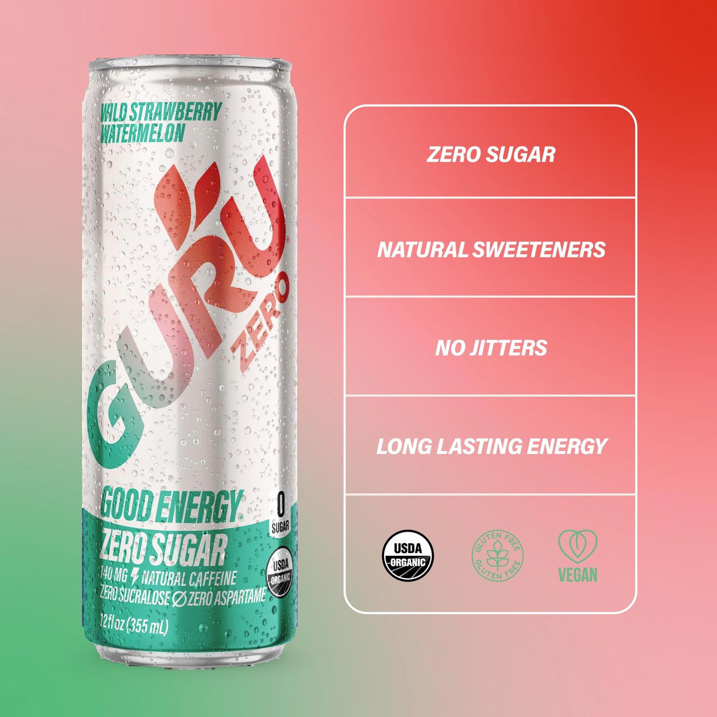 GURU Organic Energy Drink, Zero Sugar, Wild Strawberry Watermelon, 12 Fl Oz, Pack of 24, Vegan, Gluten Free, Plant-Based Caffeine