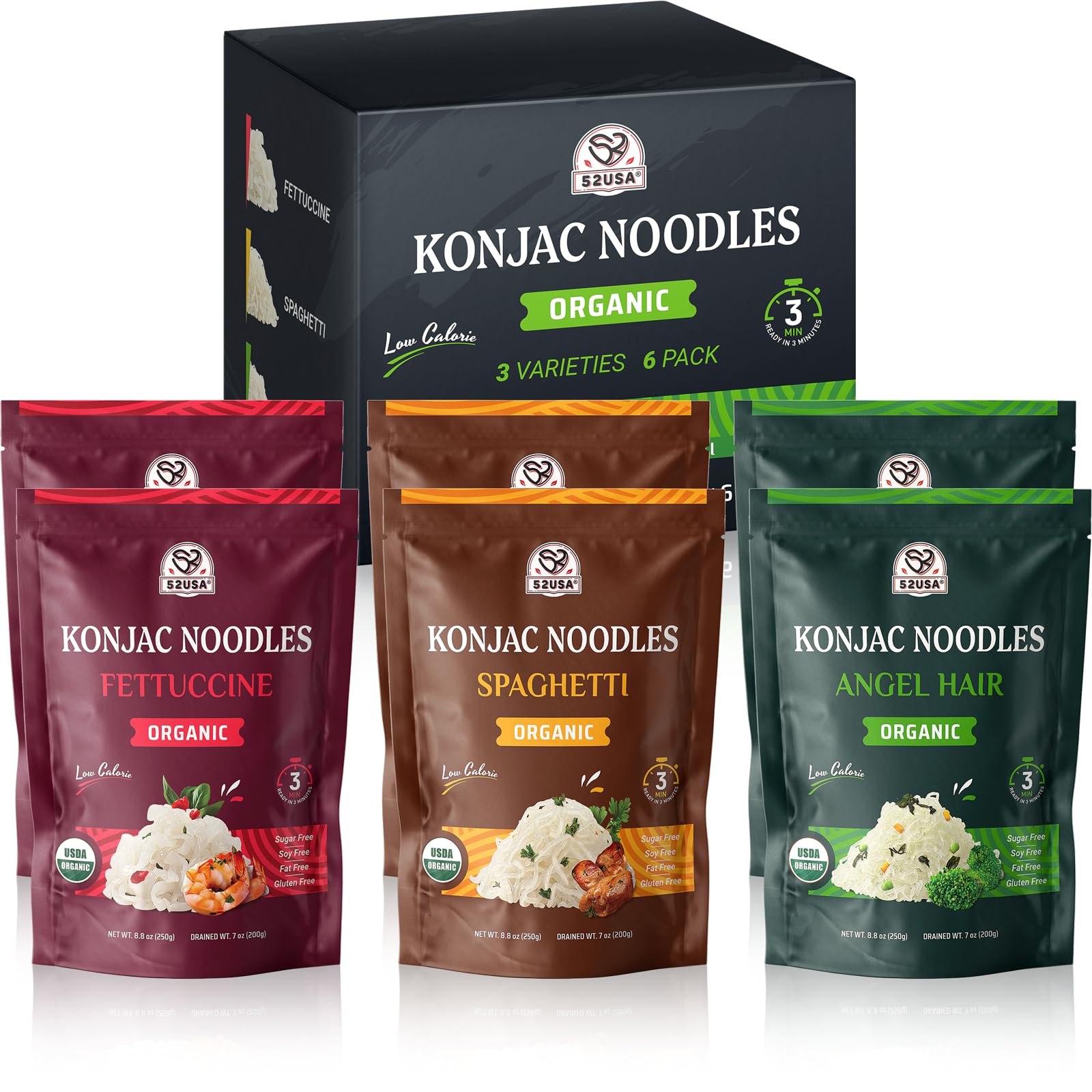 52USA Organic Konjac Shirataki Noodle, Low Carb Pasta 52.8 Oz (1500 g), Angel Hair, Fettuccine, USDA Organic Healthy Spaghetti N