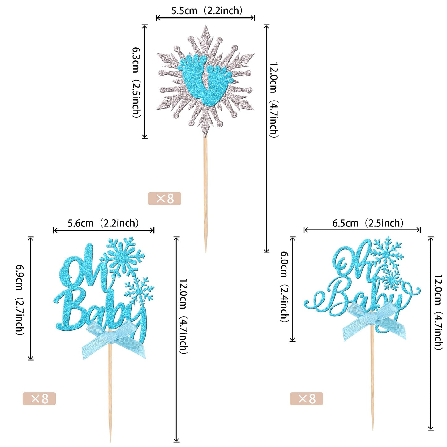 24 PCS Snowflake Oh Baby Cupcake Toppers with Bow Glitter Winter Frozen Theme Baby Feet Snowflake Cupcake Picks for Winter Wonde