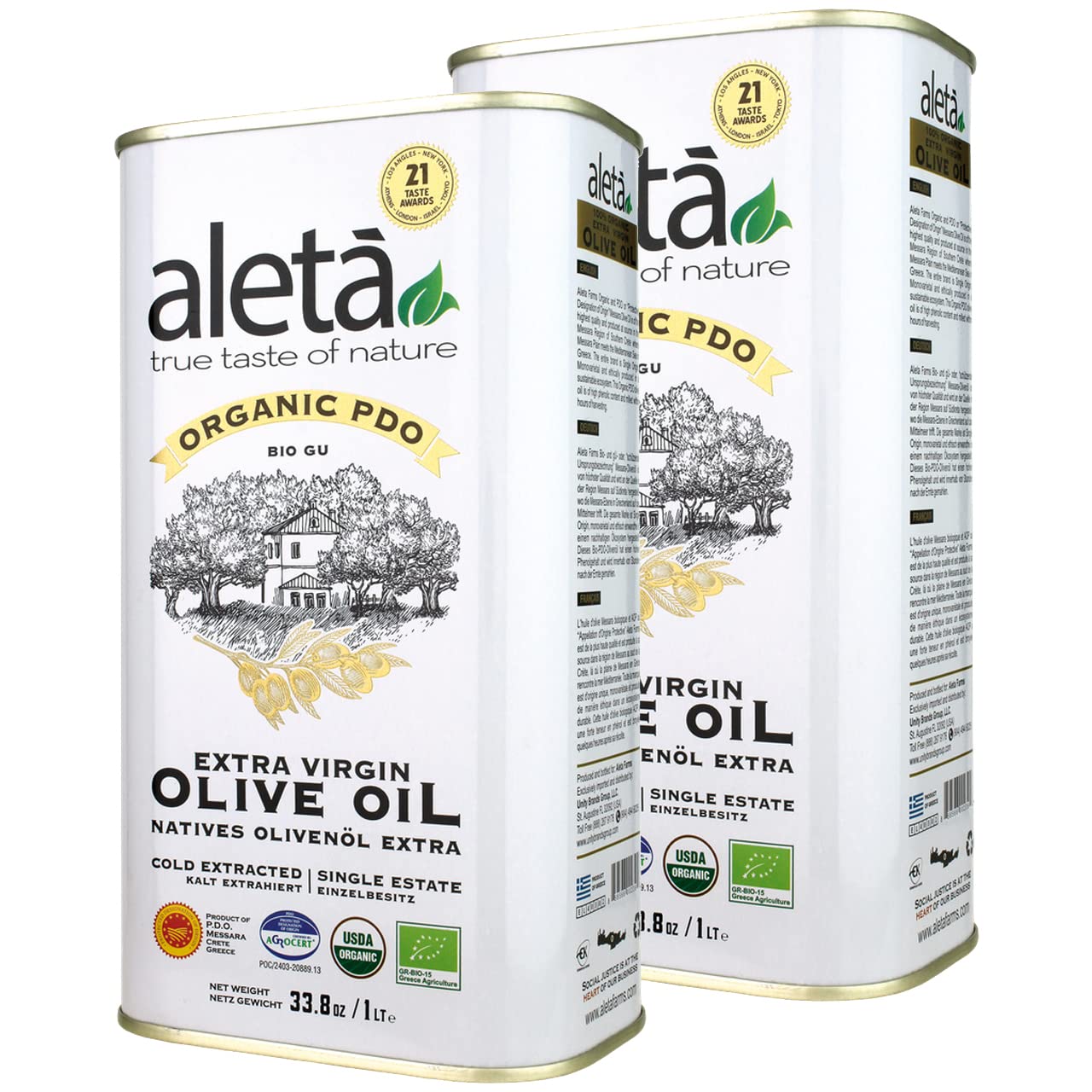 Aleta, Organic & PDO Extra Virgin Olive Oil, 2025 Gold Award, Certified Single Estate, Crete Greece, First-Cold Press, 1 Lt (33.