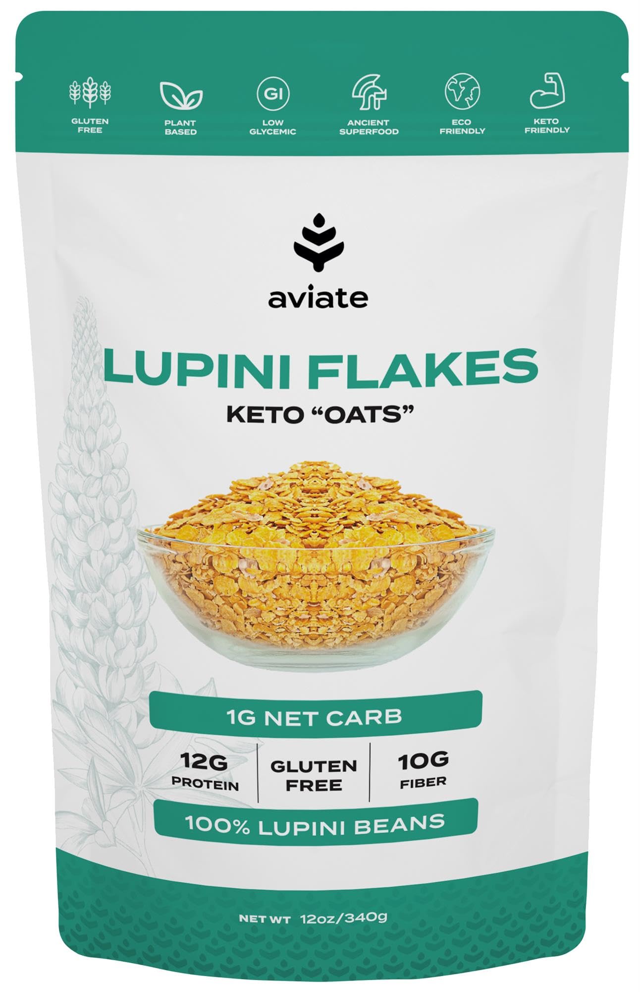 Aviate Lupini Flakes - Vegan Superfood, Non-GMO, Gluten Free, High Protein, Low Calorie - 12 Ounces