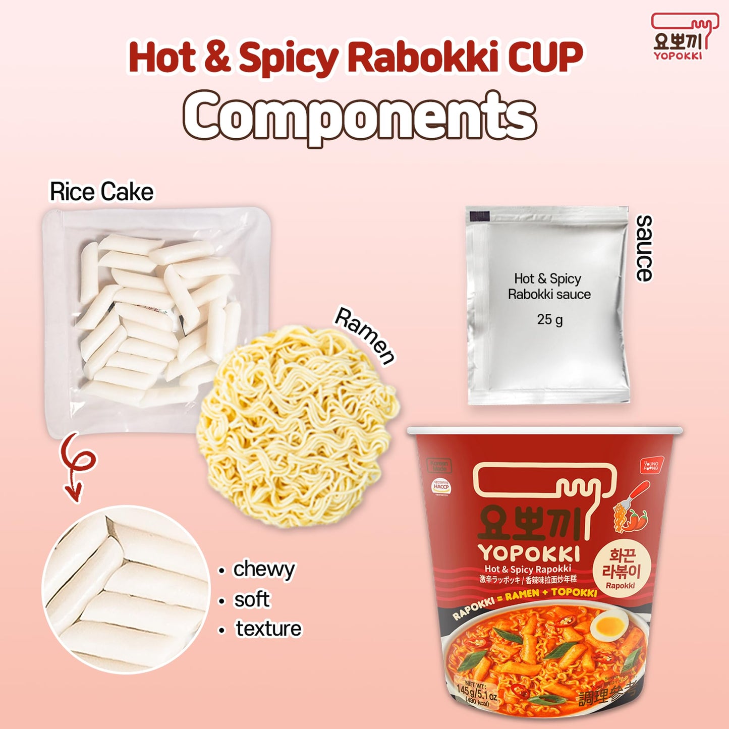 Yopokki Instant Rabokki Cup (Hot Spicy, Cup Of 2) Korean Street Food With Hot Spicy Sauce Ramen Noodle Topokki Rice Cake - Quick