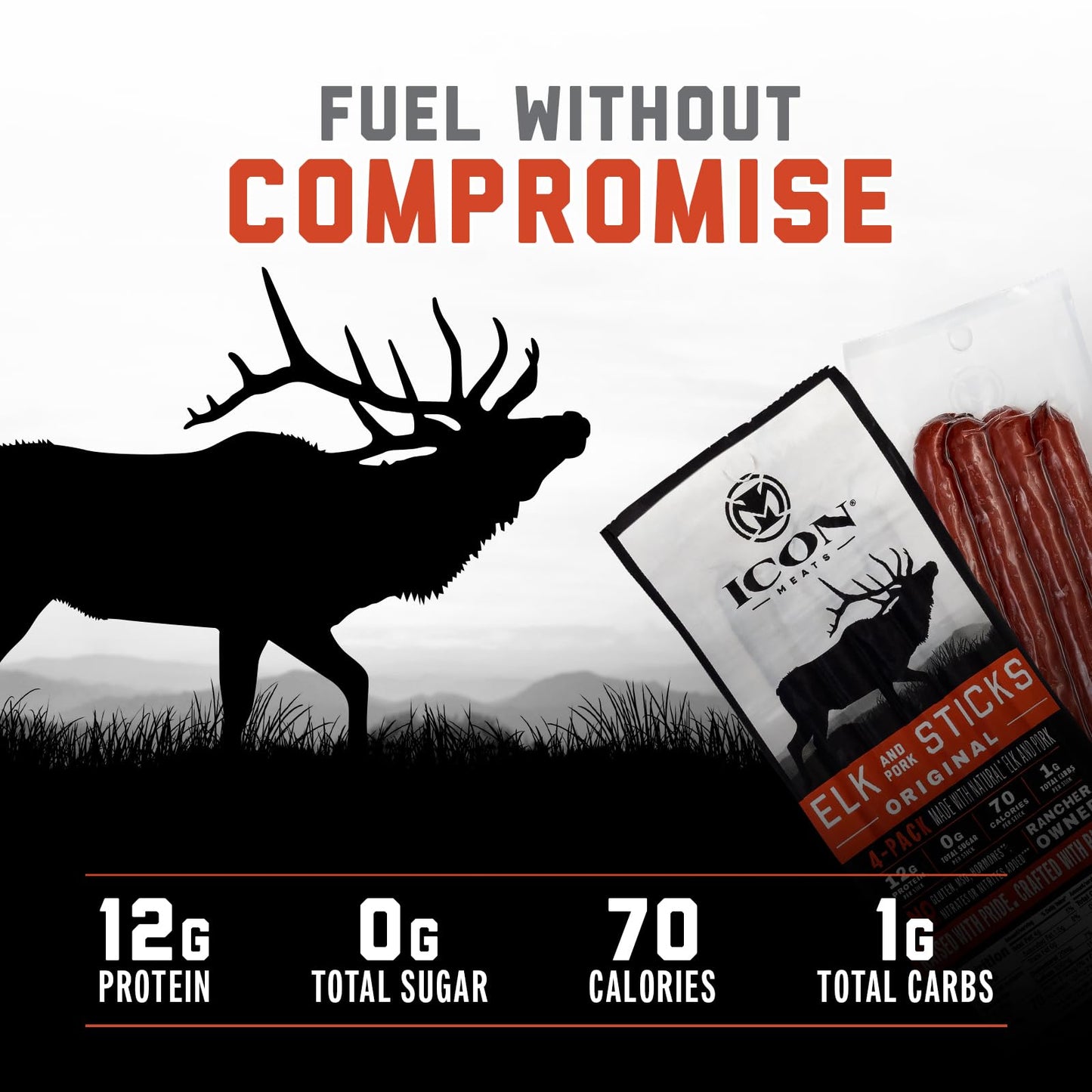 ICON Elk and Pork Snack Sticks - Original Flavor - All Natural, High Protein, Low Calorie - 6 Packs, 4 Sticks Each