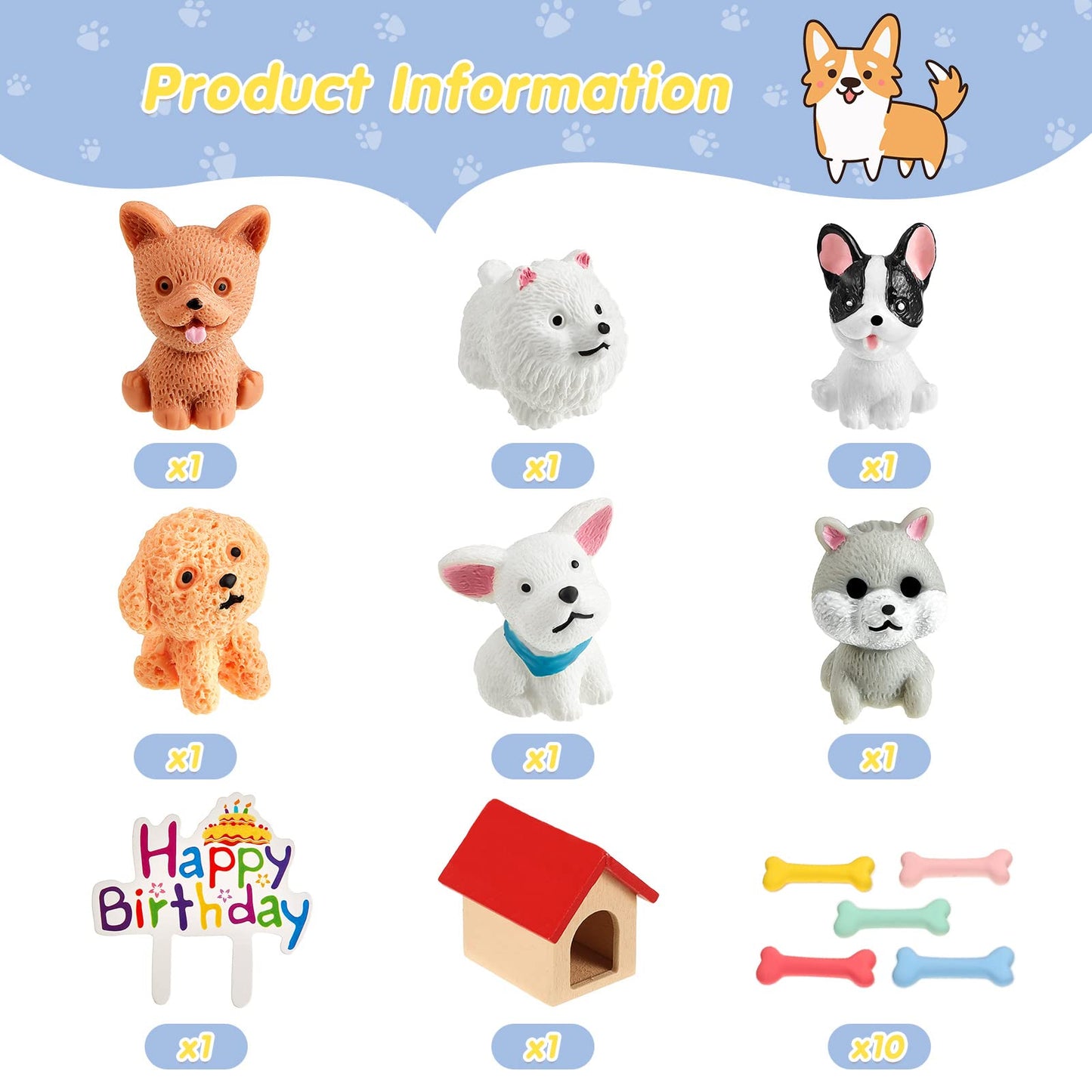 Chunful 18-Piece Dog Cake Topper Set - Puppy Figurines, Dog Bone & Kennel Decorations, Plastic, Cute Style