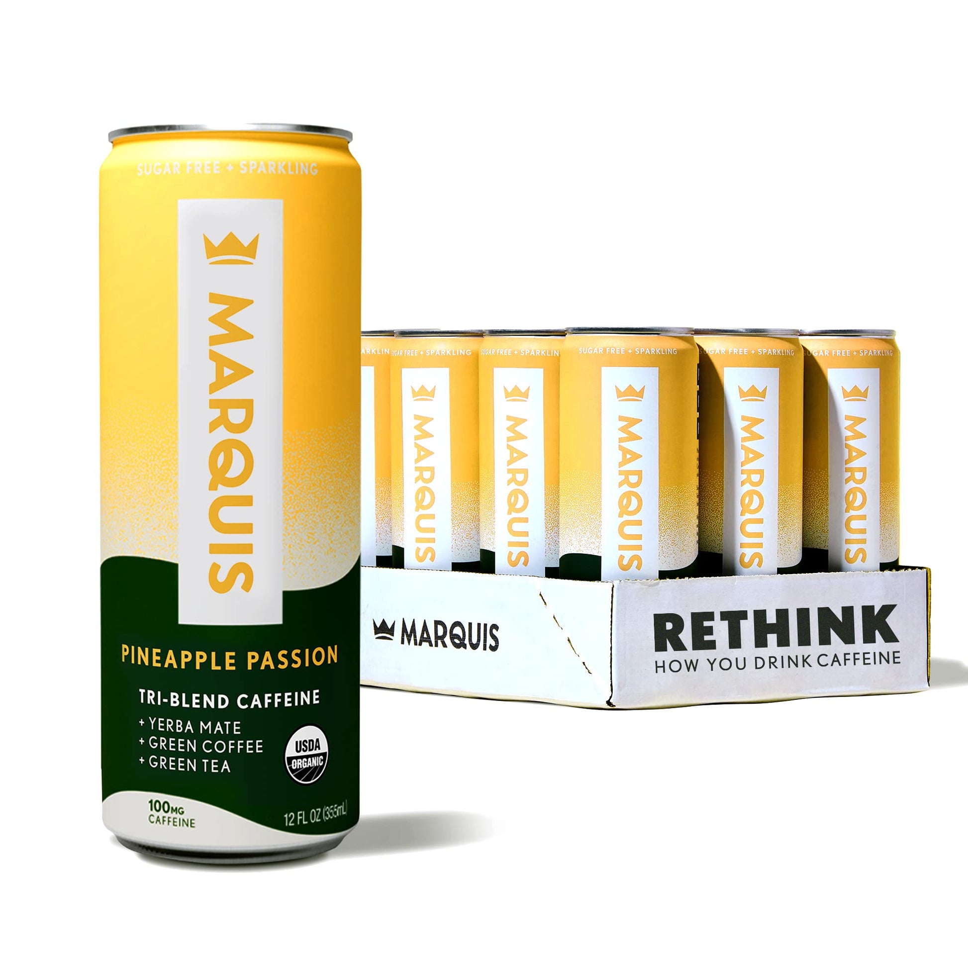 Marquis Natural Energy Drink - Sugar Free - 100mg Caffeine - 12 oz Cans - Pineapple Passion - 12 Pack