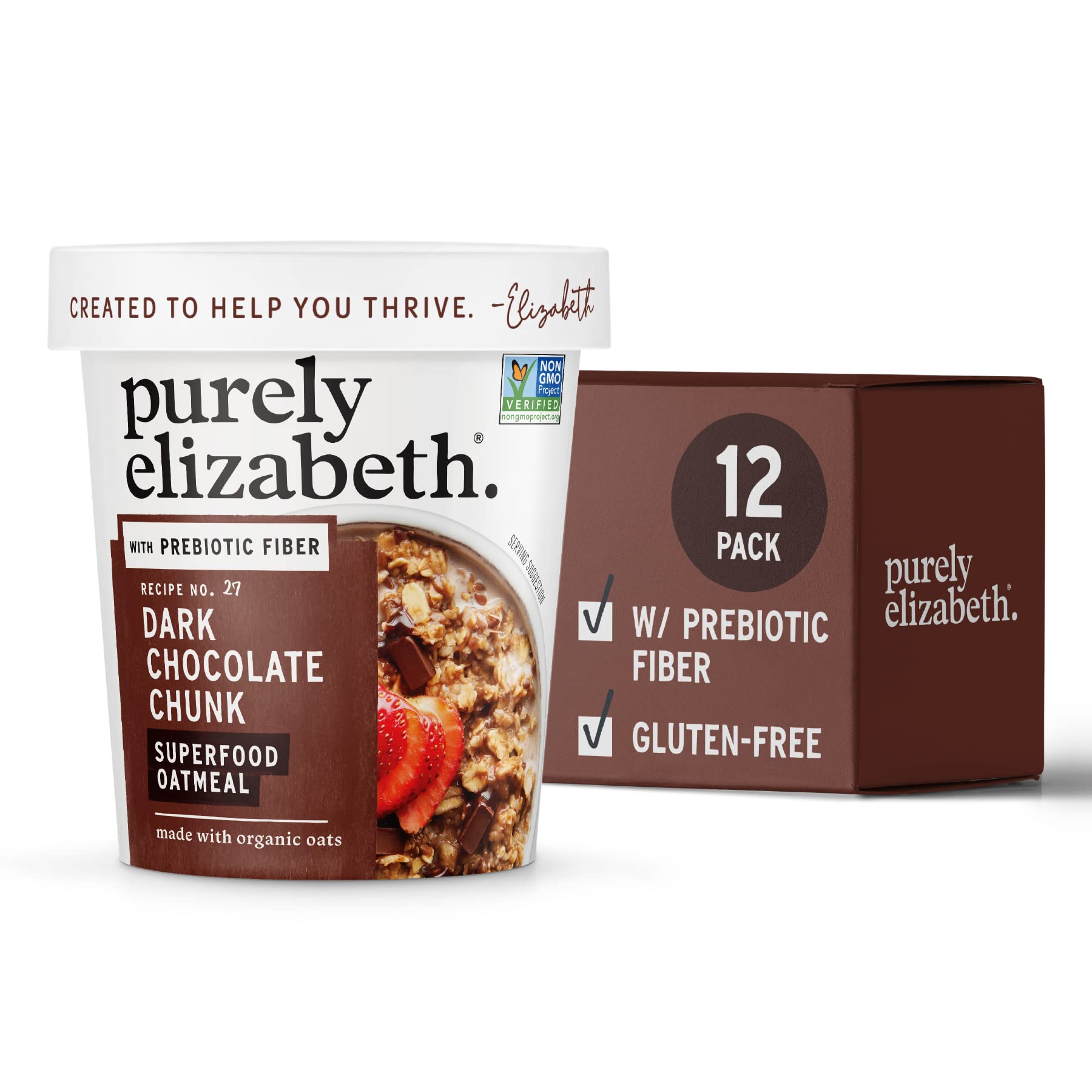 Purely Elizabeth Superfood Oatmeal Cup With Prebiotic Fiber, Dark Chocolate Chunk, Vegan Friendly, Organic, Gluten Free & Non-Gm