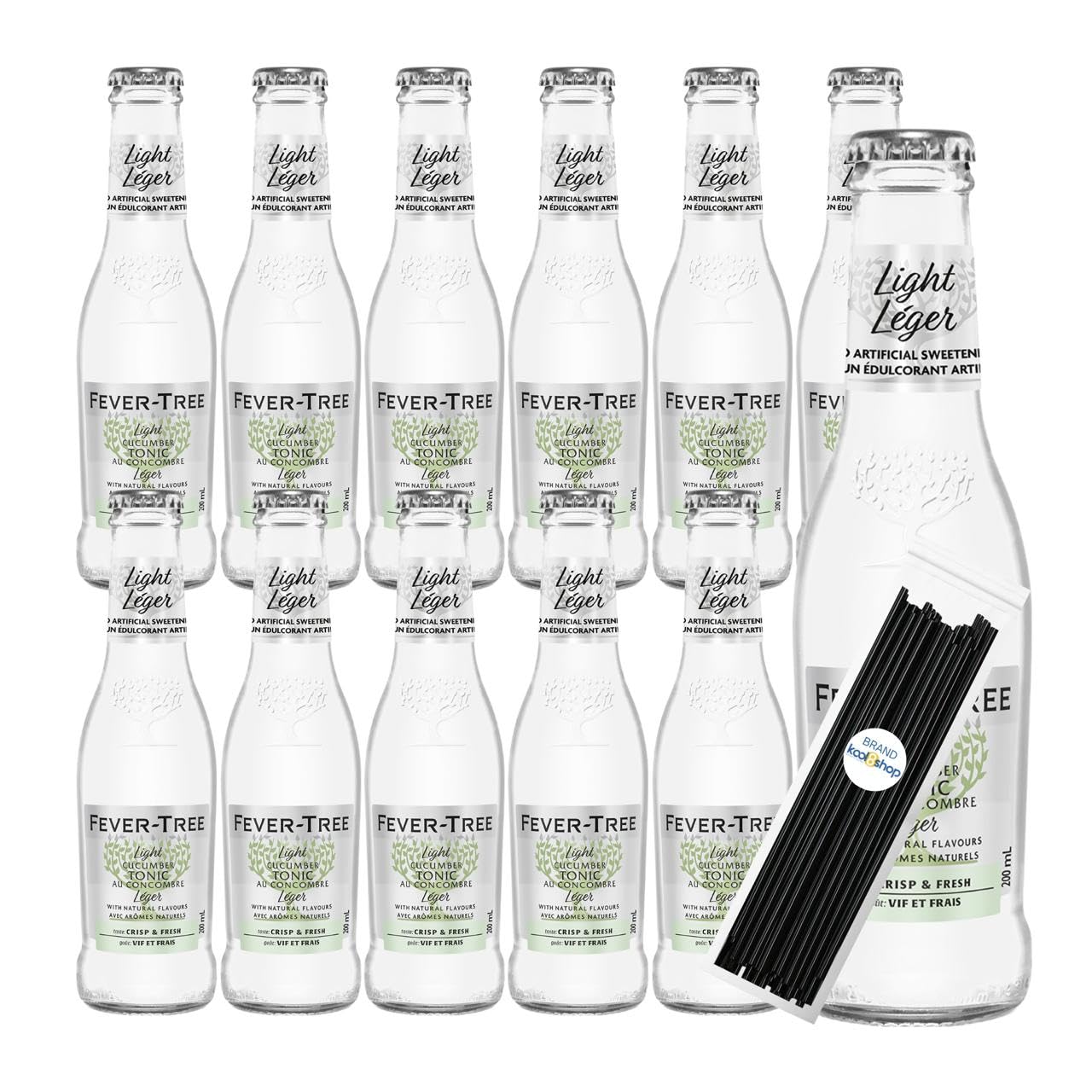Fever-Tree Cucumber Light Premium Cocktail Mixer 6.8 fl oz Glass Bottles 12 Pack + 20 Plastic Stirrer Sticks by KOOL8SHOP Infini