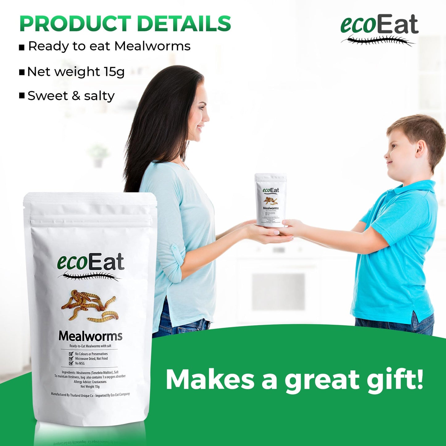 Ecoeat Edible Insects Edible Mealworms (Tenebrio Molitor) - 15G Bag - Edible Snack Gift