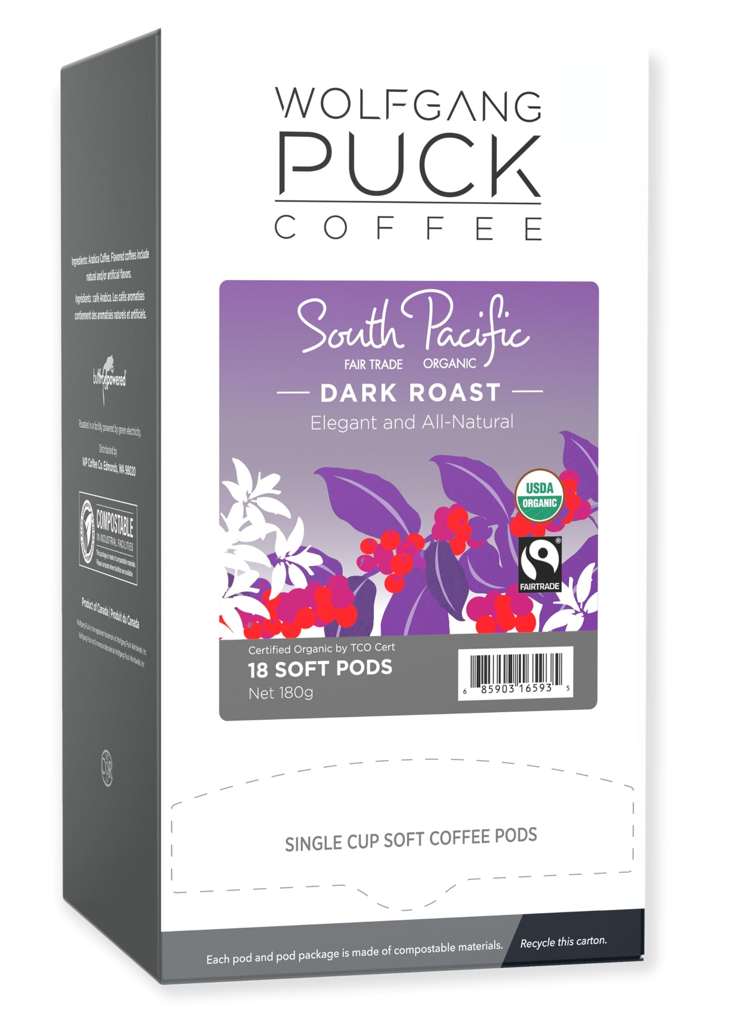 Wolfgang Puck Coffee Soft Pods, South Pacific Dark, Organic Fair Trade, 18 Count (Pack Of 6)