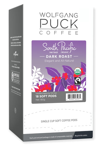 Wolfgang Puck Coffee Soft Pods, South Pacific Dark, Organic Fair Trade, 18 Count (Pack Of 6)