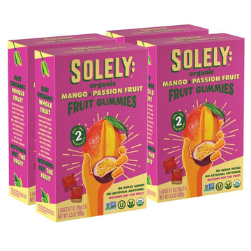 Solely - Organic Mango & Passion Fruit Whole Fruit Gummies (Pack Of 4 Boxes, 5 Bags Per Box) - Fresh Fruit - Healthy Snacks For