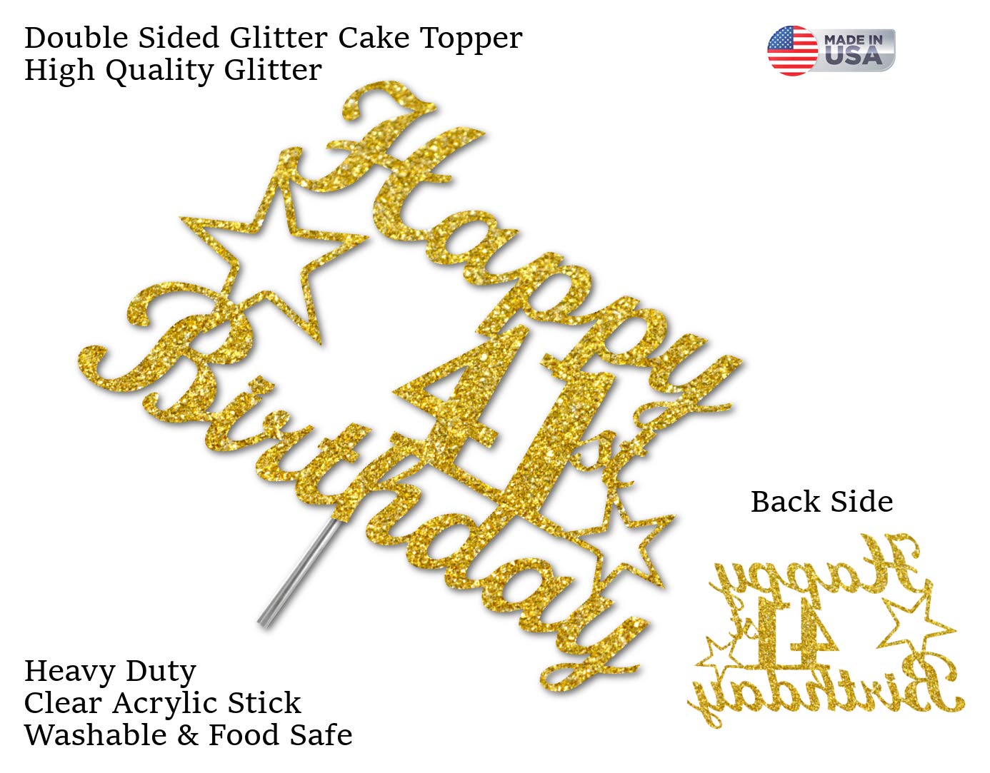 41 Birthday Cake Topper Gold Glitter, Party Decoration Ideas, Premium Quality, Sturdy Doubled Sided Glitter, Acrylic Stick. Made