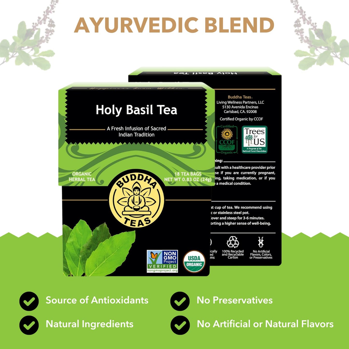 Buddha Teas Organic Herbal Tea - Holy Basil - 18 Count - Caffeine Free - Non-GMO - Kosher
