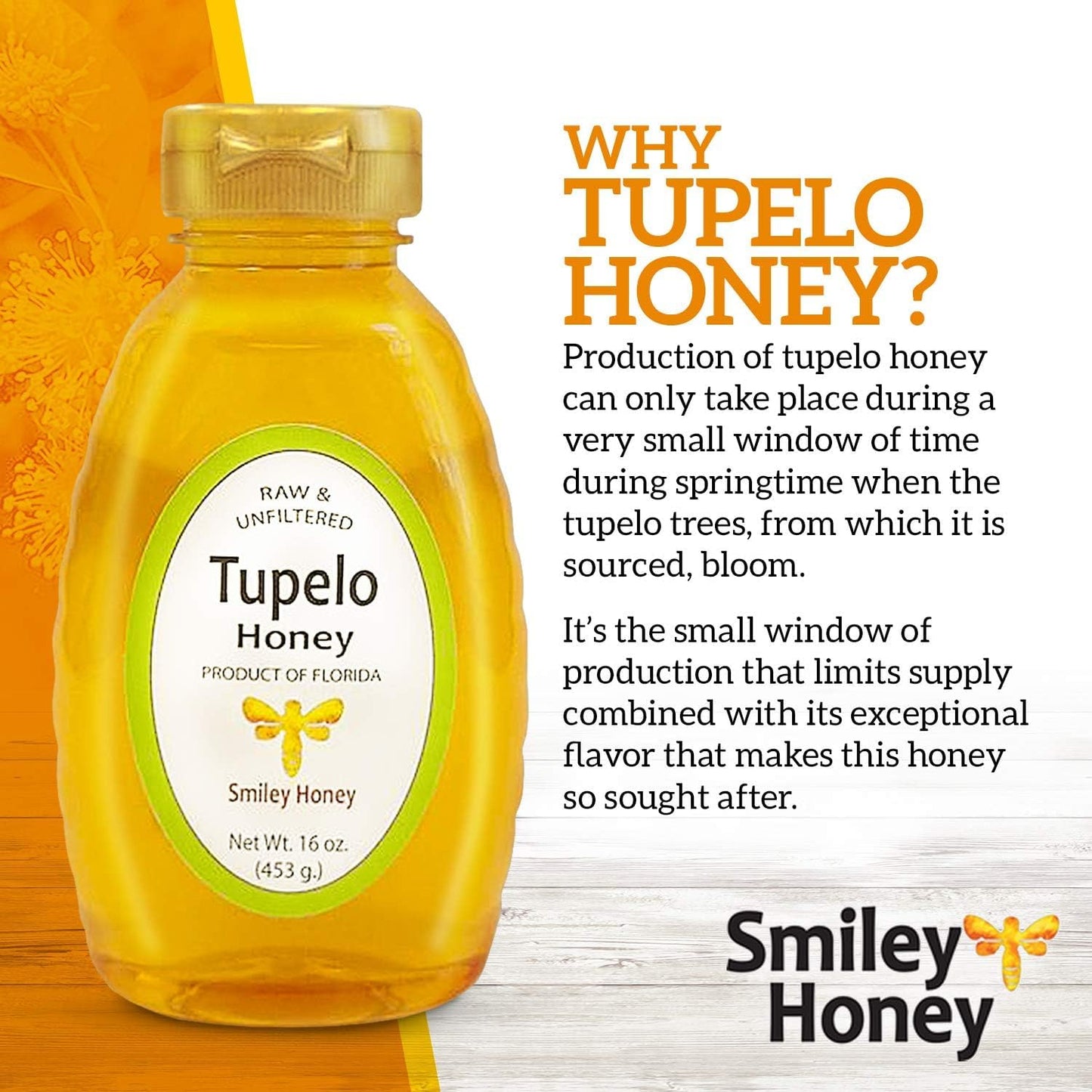 Smiley Honey 100% Tupelo Honey, Rare, Raw and Unfiltered, Certified Kosher (8oz)