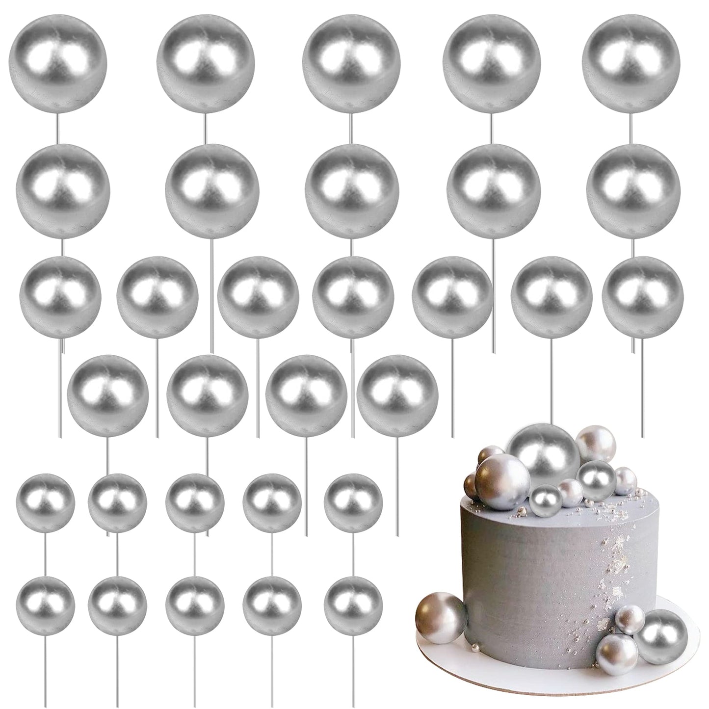 Rsstarxi Mini Balloon Cake Topper 30 Pack Glitter Foam Cupcake Picks Faux Pearl Silver Decorations for Birthday Wedding Party Supplies