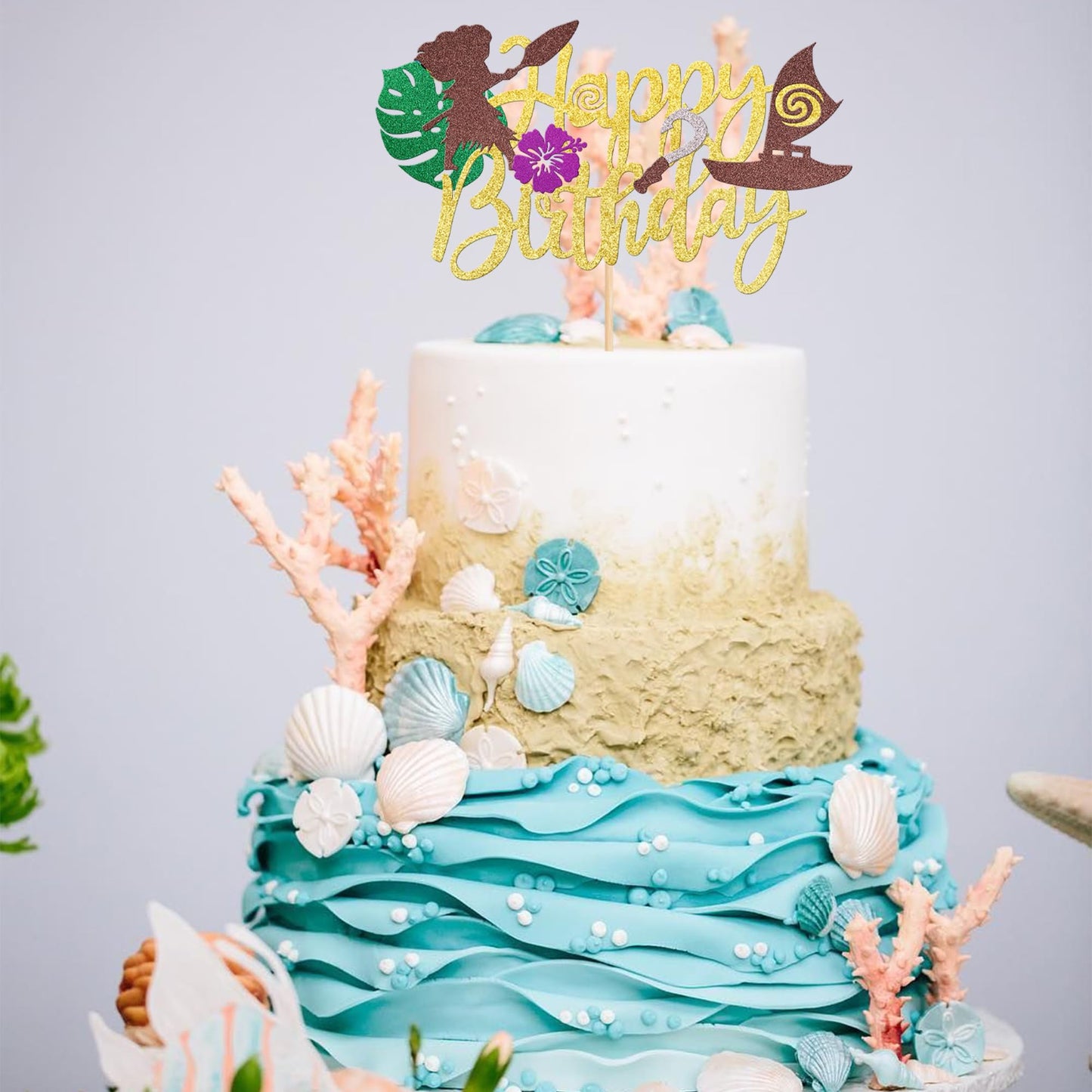 1 Pcs Moana Happy Birthday Cake Topper Glitter Palm Leaf Flower Moana Cake Pick Tropical Hawaiian Luau Theme Cake Decorations Fo