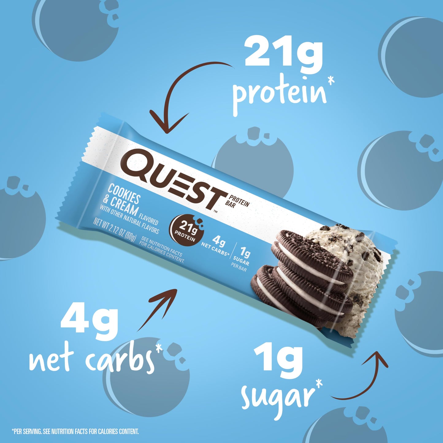 Quest Nutrition Cookies & Cream Protein Bars, 21G Protein, 4G Net Carbs, 1G Sugar, High Fiber, Gluten Free, Keto Friendly, 4 Count