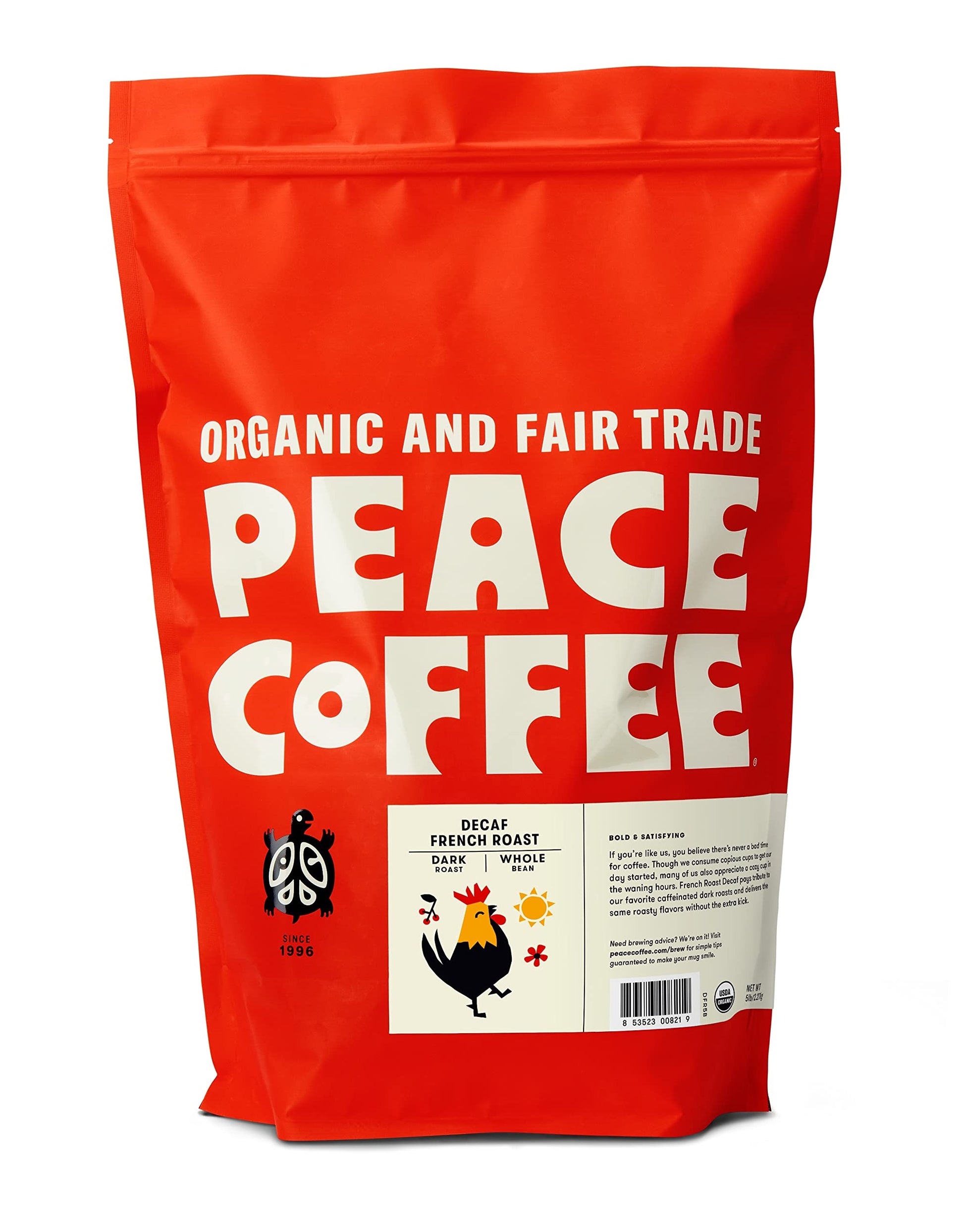Peace Coffee Decaf French Roast, Organic Fair Trade Whole Bean Coffee, 5lb Bag