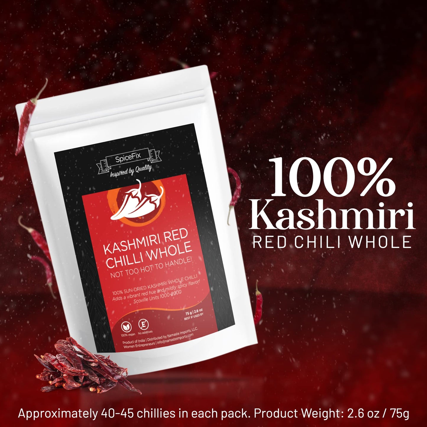 Spicefix - Whole Kashmiri Red Chilli Pepper, Mild To Medium Heat Natural Stemless Chillies, Sun-Dried Red Pepper, Indian Dried Chili Peppers In A Resealable Bag, 2.6 Ounces