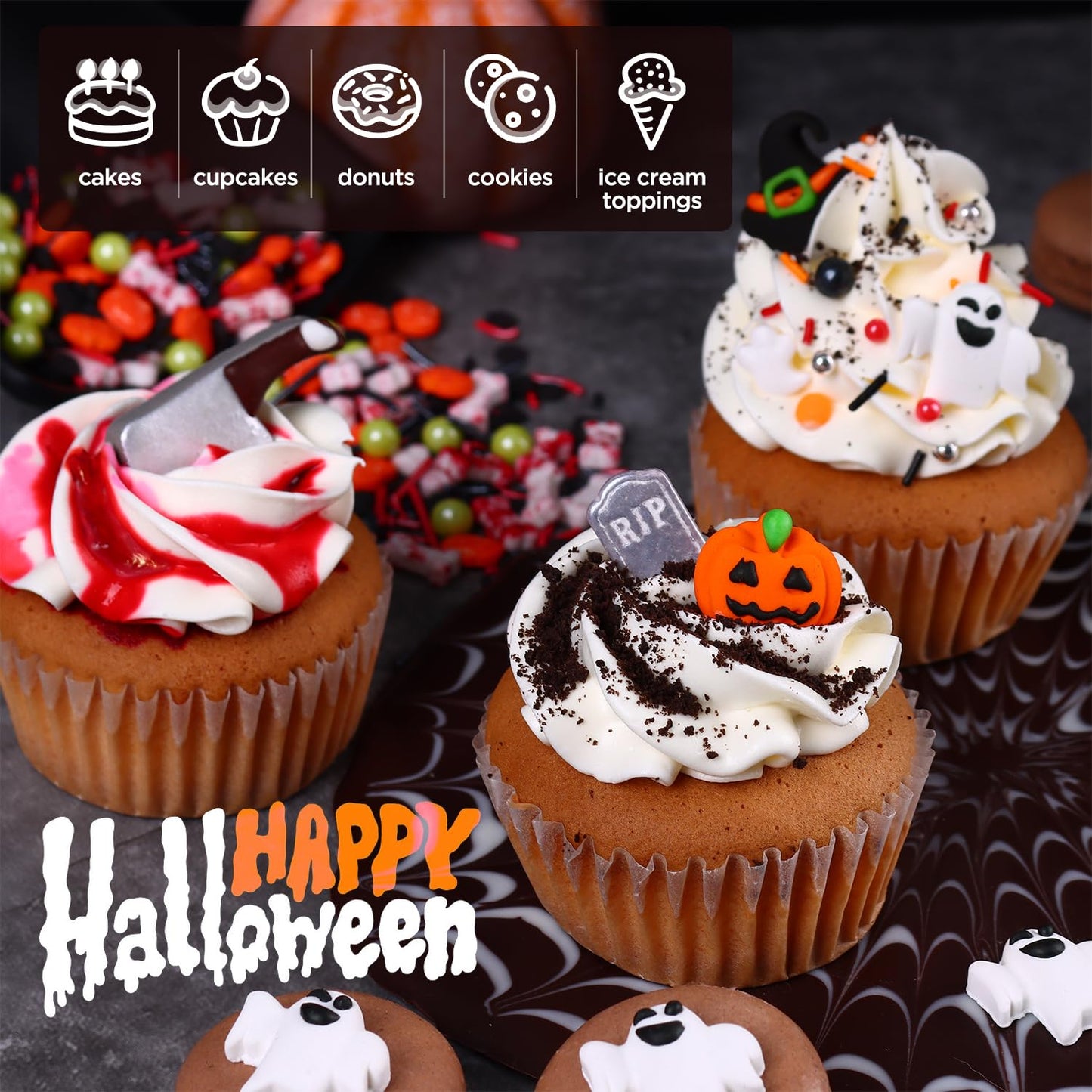 Milovin Edible Halloween Cake Decorations, Pumpkin Cupcake Toppers, 4.3x2.36 inches, Halloween Color