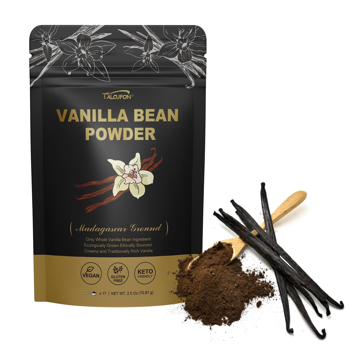 Talcufon Madagascar Ground Vanilla Bean Powder, 100% Ground Vanilla Beans, No Fillers And Additives, Gluten Free, Non-Gmo Great