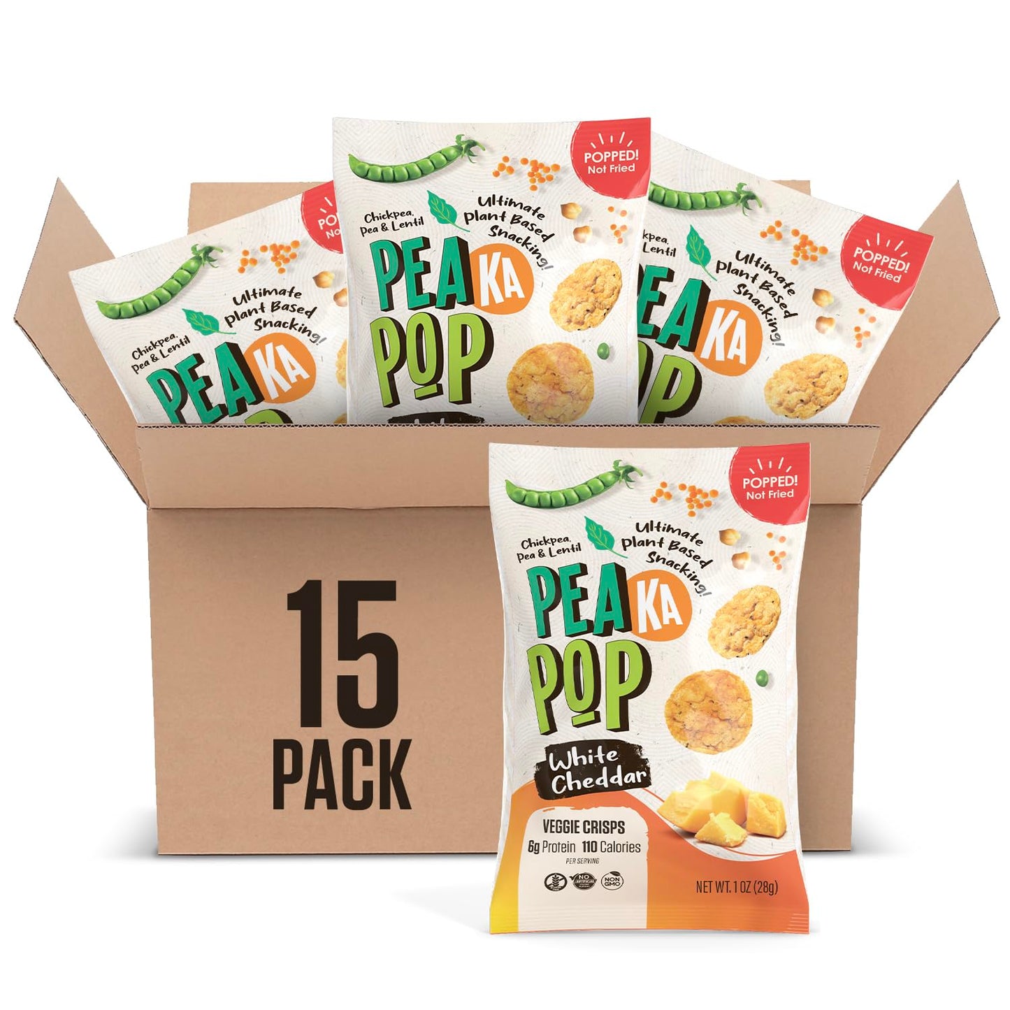 PEAKAPOP Veggie Chips - Plant-Based White Cheddar Crisps, Vegan & Gluten-Free, 15 oz (15-Pack)