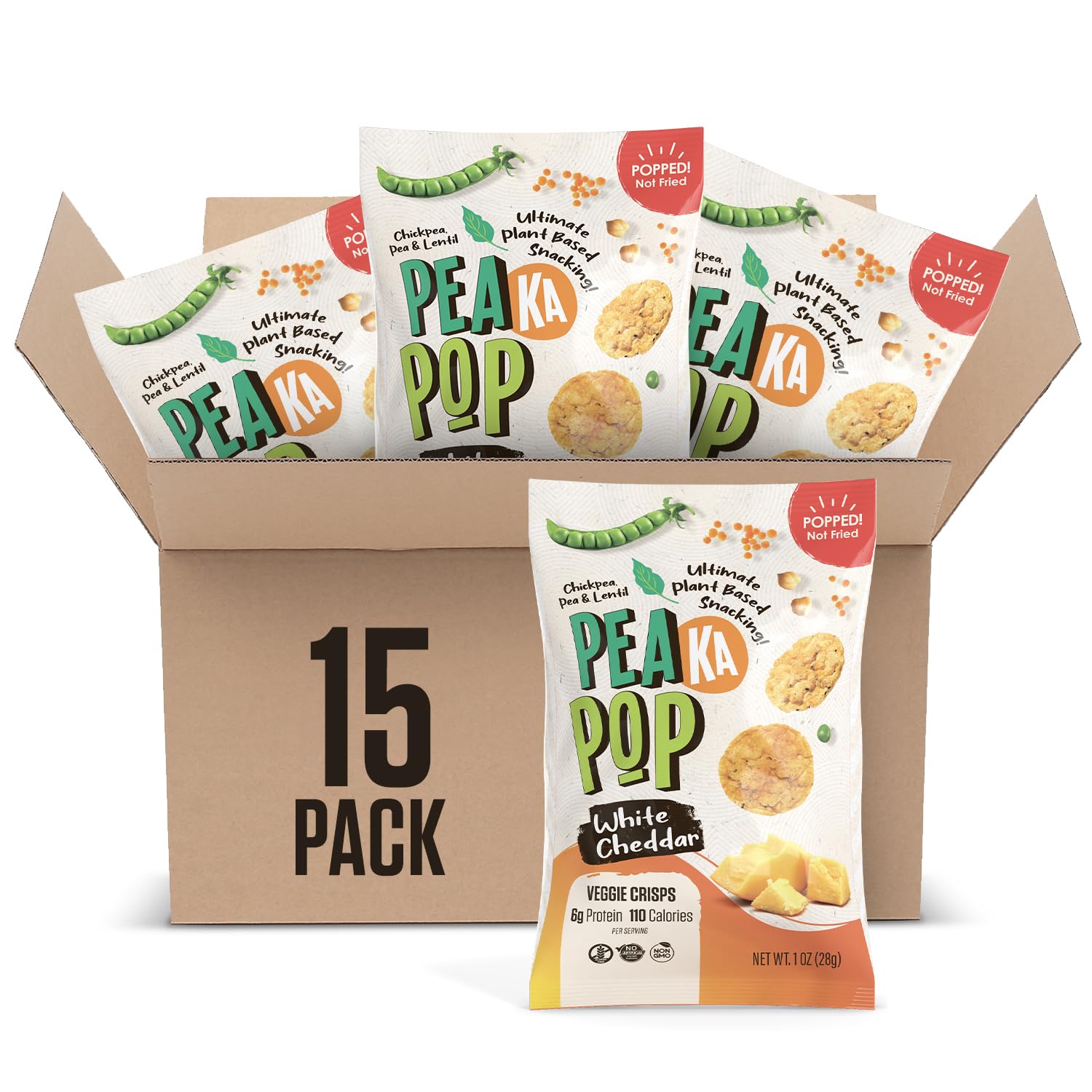 PEAKAPOP Veggie Chips - Plant-Based White Cheddar Crisps, Vegan & Gluten-Free, 15 oz (15-Pack)