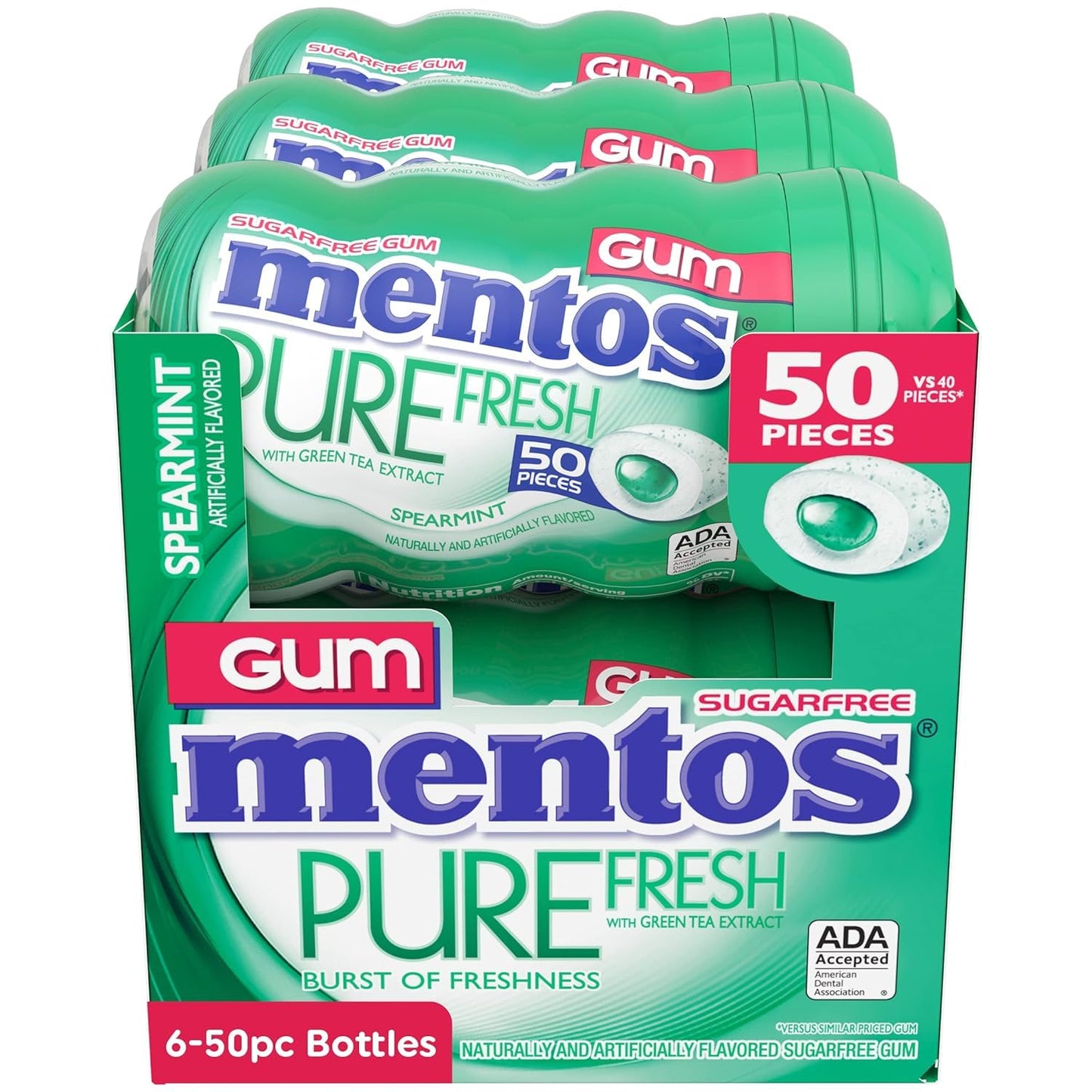 Mentos Pure Fresh Sugar-Free Chewing Gum with Xylitol, Spearmint, 50 Piece Bottle (Bulk Pack of 6)