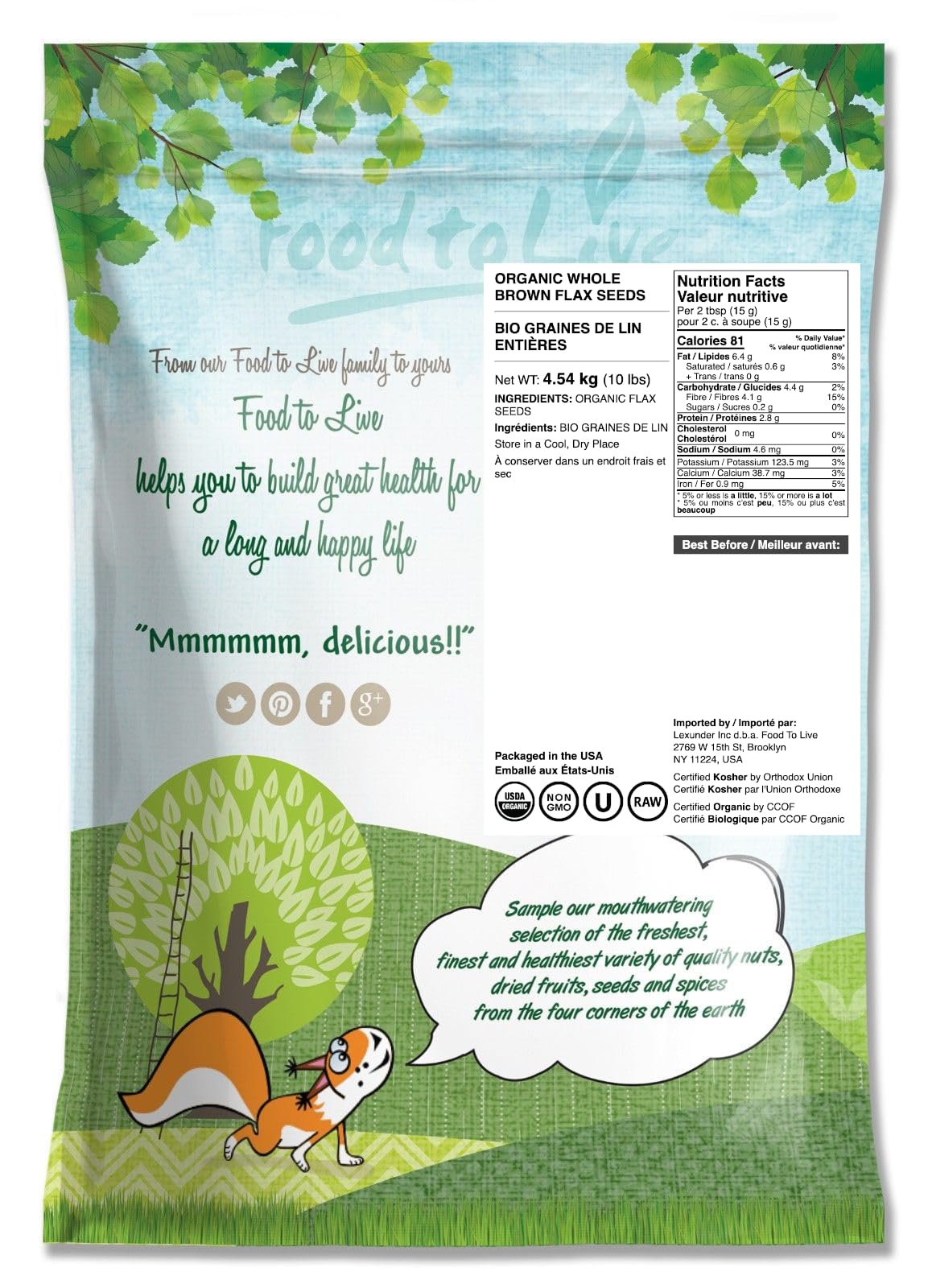 Food to Live Organic Brown Flax Seeds, 10 Pounds - Whole Raw Flaxseeds, Non-GMO, Unroasted, Dried, Kosher, Vegan. Rich in Omega-