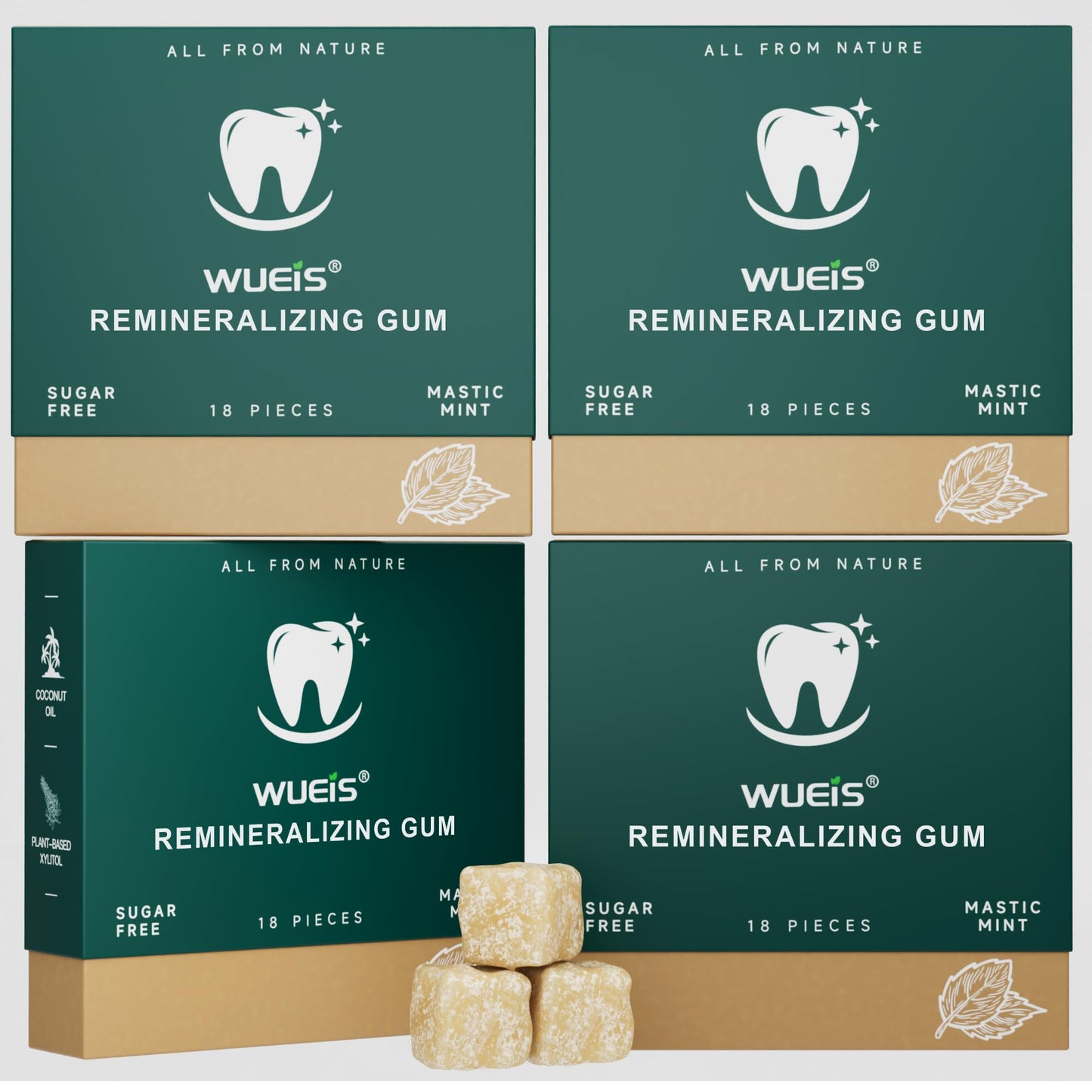 Remineralizing Gum with Xylitol Hydroxyapatite - Natural Mastic Mint Chewing Gum for Oral Care - Sugar Free Aspartame Plastic Free Dye Free Gluten Free (18 Count (Pack of 4)  Mastic Mint)