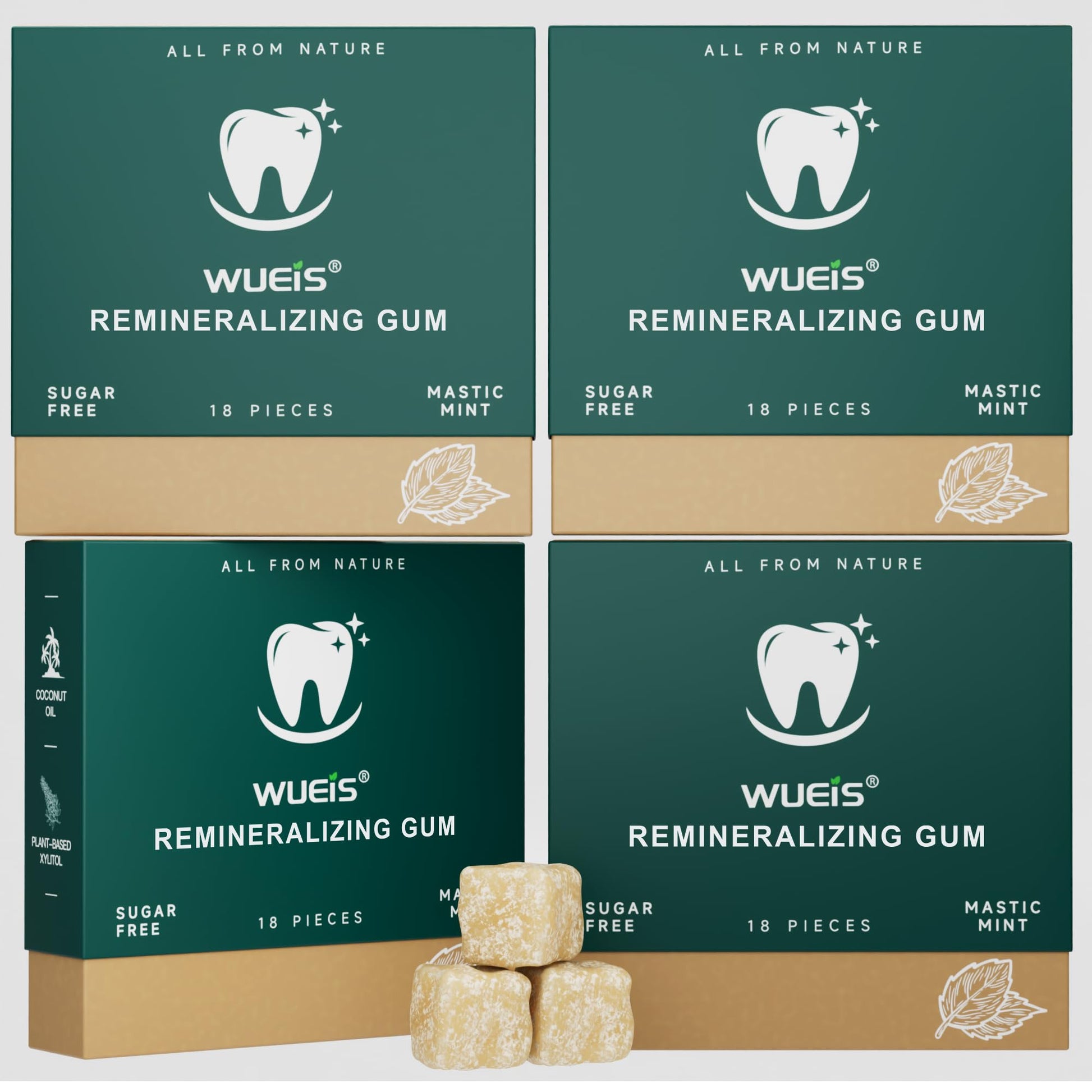 Remineralizing Gum with Xylitol Hydroxyapatite - Natural Mastic Mint Chewing Gum for Oral Care - Sugar Free Aspartame Plastic Free Dye Free Gluten Free (18 Count (Pack of 4)  Mastic Mint)